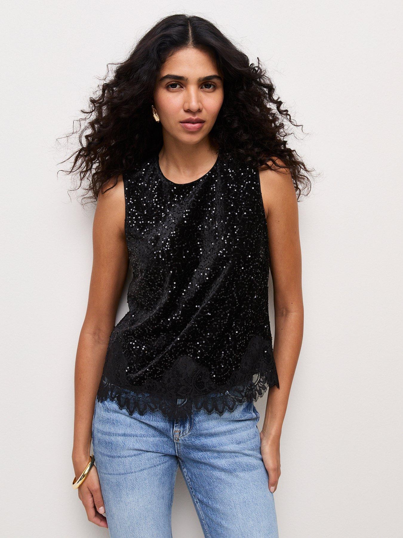Image 1 of 5 of New Look Womens Sequin Lace Trim Sleeveless Top - Black