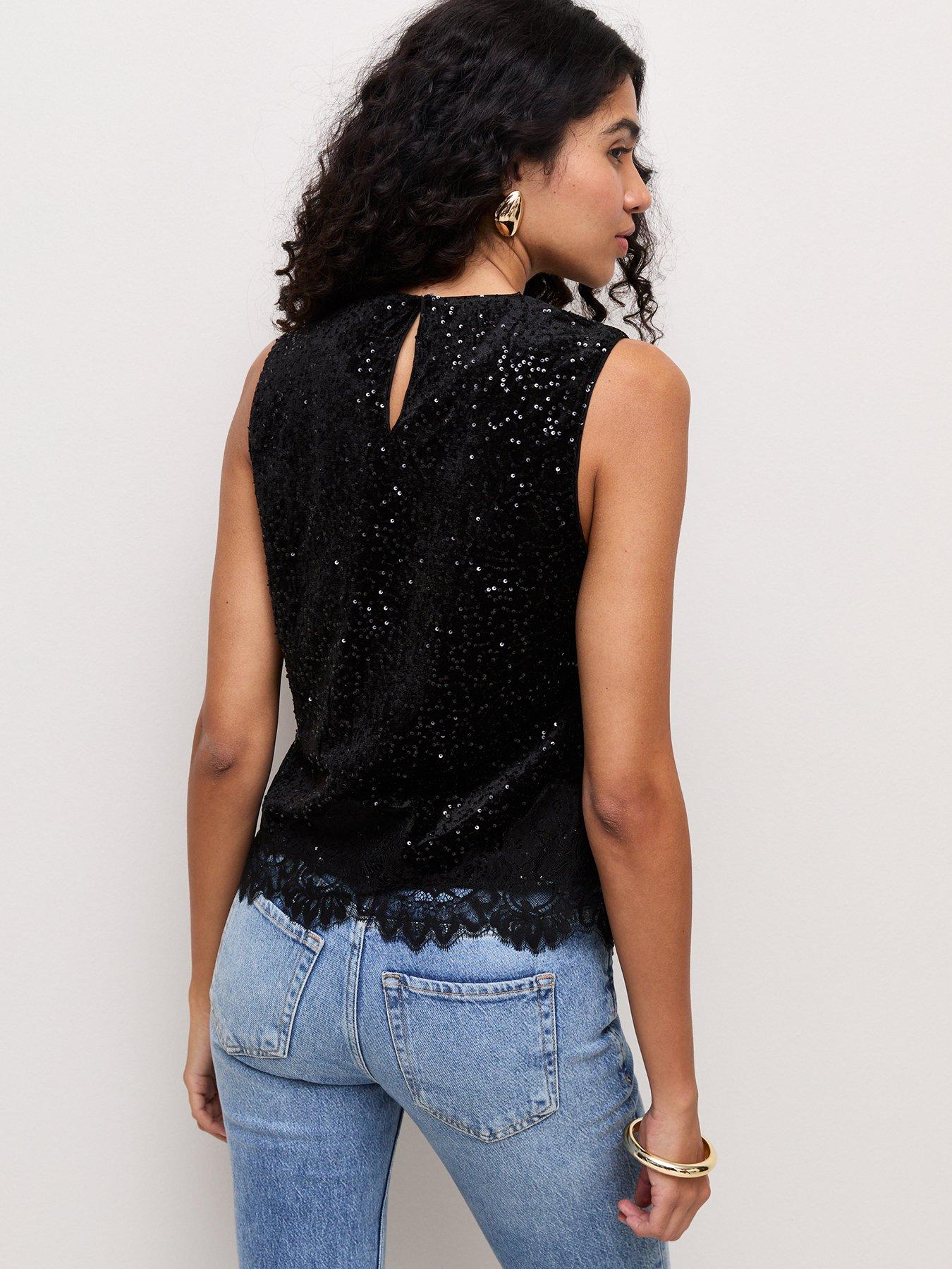 Image 2 of 5 of New Look Womens Sequin Lace Trim Sleeveless Top - Black