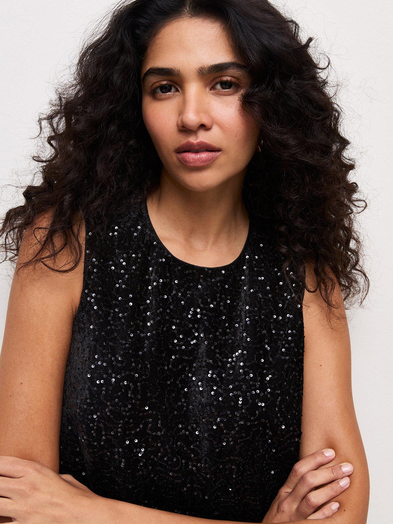 Image 4 of 5 of New Look Womens Sequin Lace Trim Sleeveless Top - Black