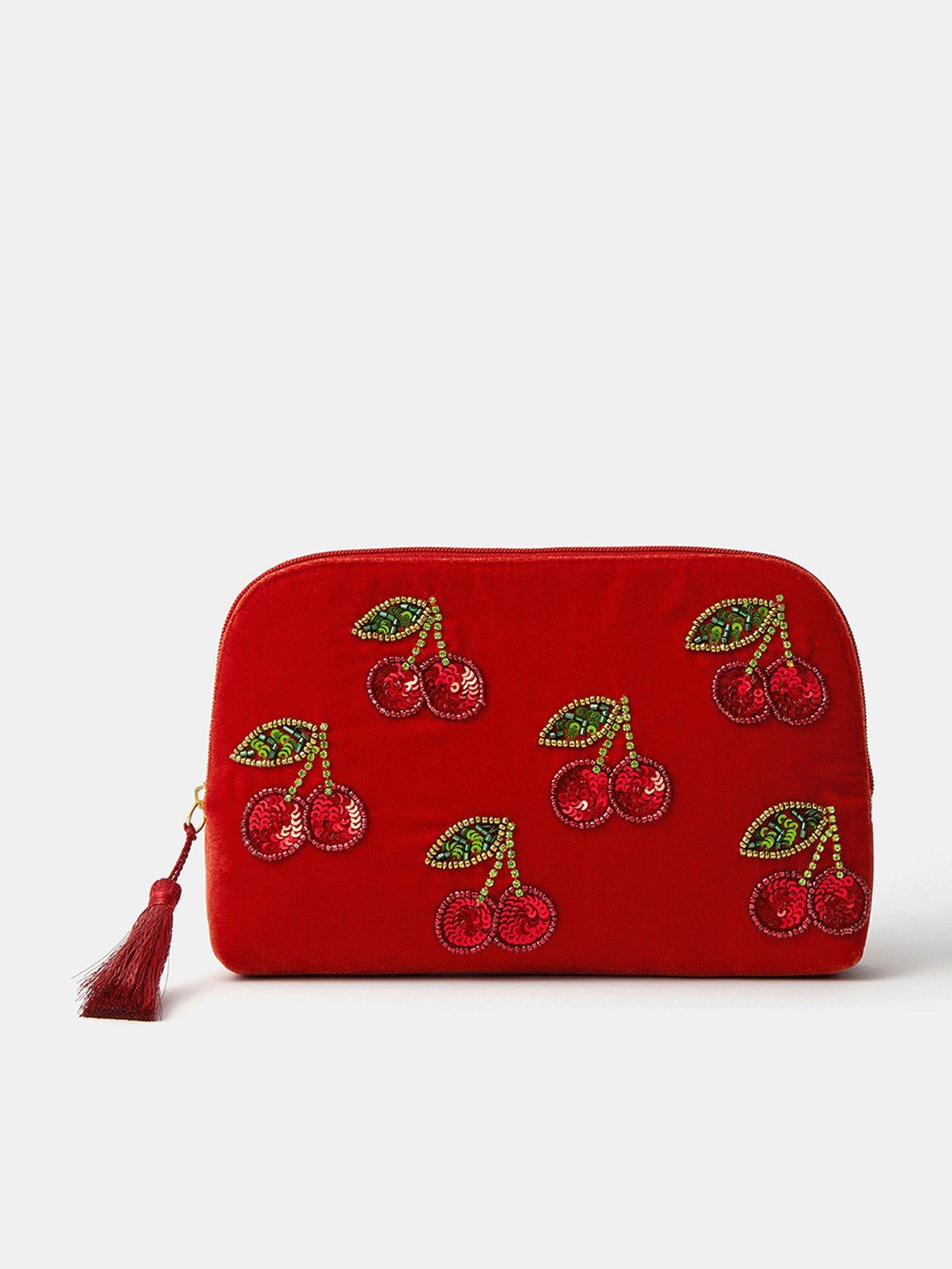 Image 1 of 4 of Accessorize Accessorize Embellished Cherry Velvet Zip Pouch Bag - Red