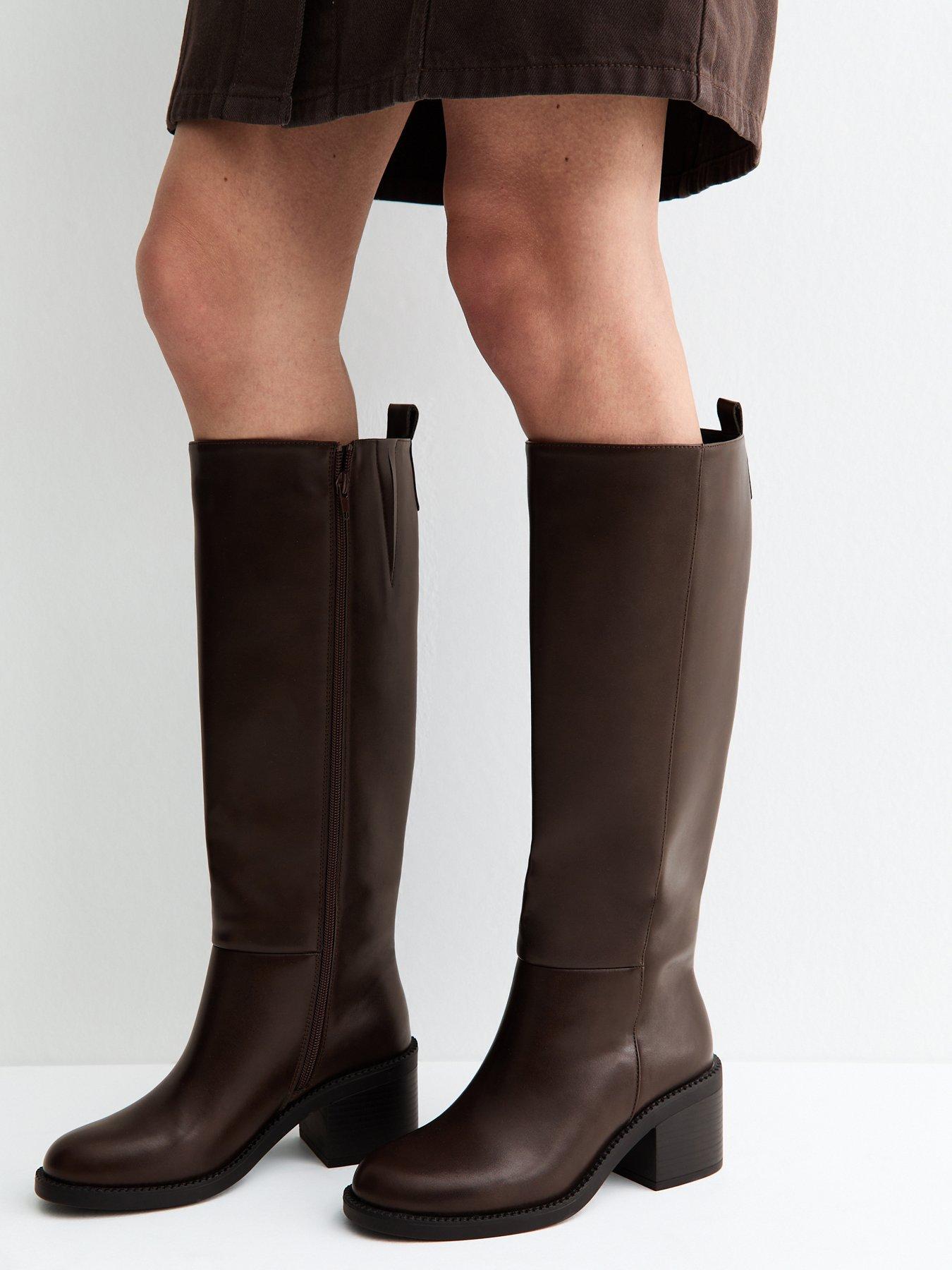 Image 1 of 5 of New Look Womens Faux Leather Block Heel Knee High Boots - Brown