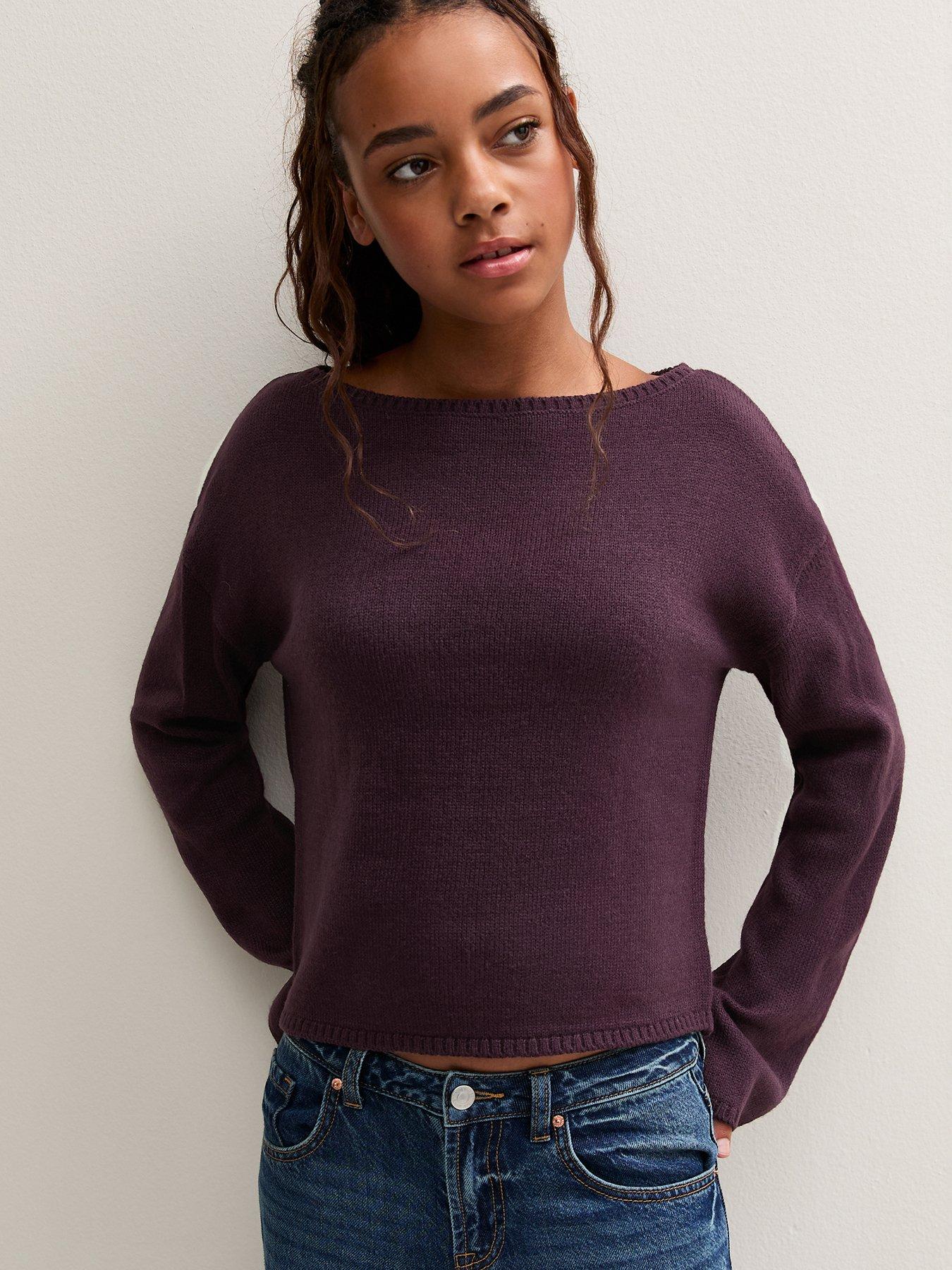 Image 1 of 5 of New Look 915 Girls Slash Neck Cropped Knitted Jumper - Purple