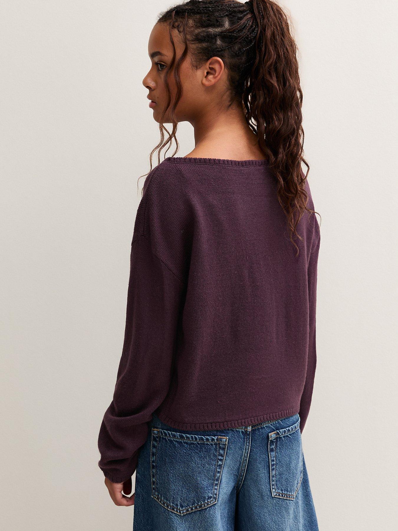 Image 2 of 5 of New Look 915 Girls Slash Neck Cropped Knitted Jumper - Purple