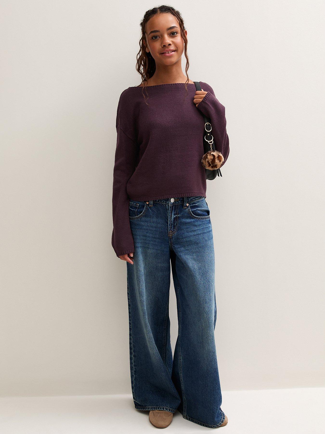 Image 3 of 5 of New Look 915 Girls Slash Neck Cropped Knitted Jumper - Purple