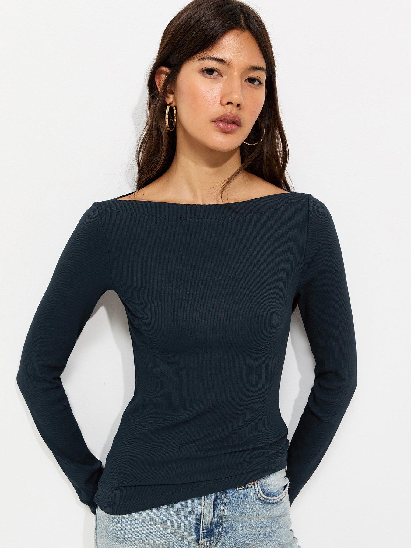 Image 1 of 6 of New Look Navy Cotton Rich Ribbed Long Sleeve Slash Neck Top