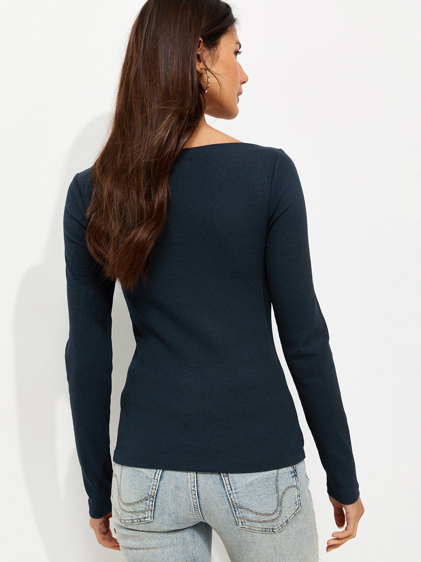 Image 2 of 6 of New Look Navy Cotton Rich Ribbed Long Sleeve Slash Neck Top