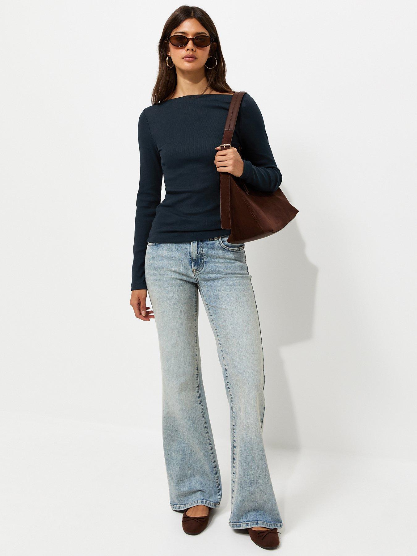 Image 3 of 6 of New Look Navy Cotton Rich Ribbed Long Sleeve Slash Neck Top