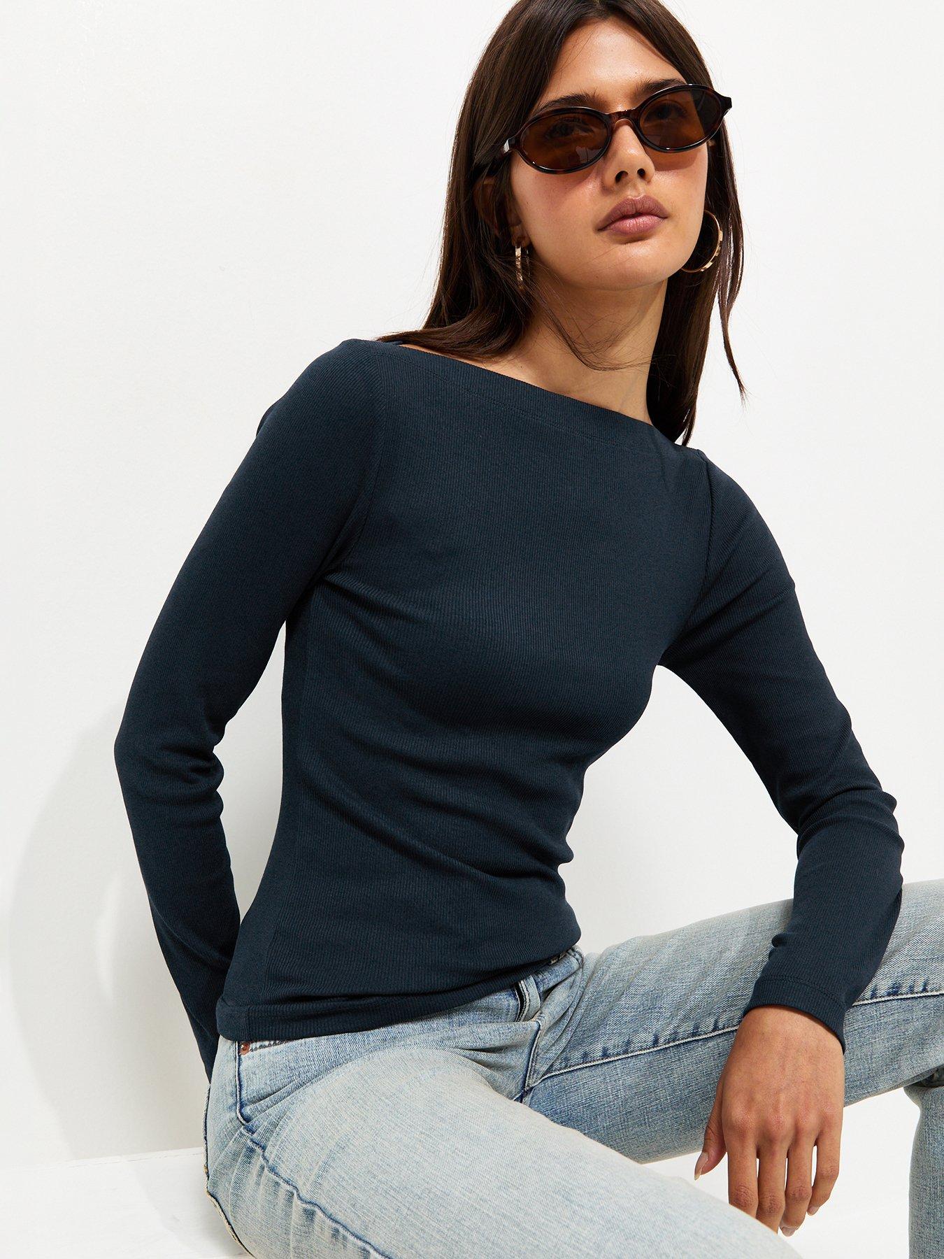Image 4 of 6 of New Look Navy Cotton Rich Ribbed Long Sleeve Slash Neck Top