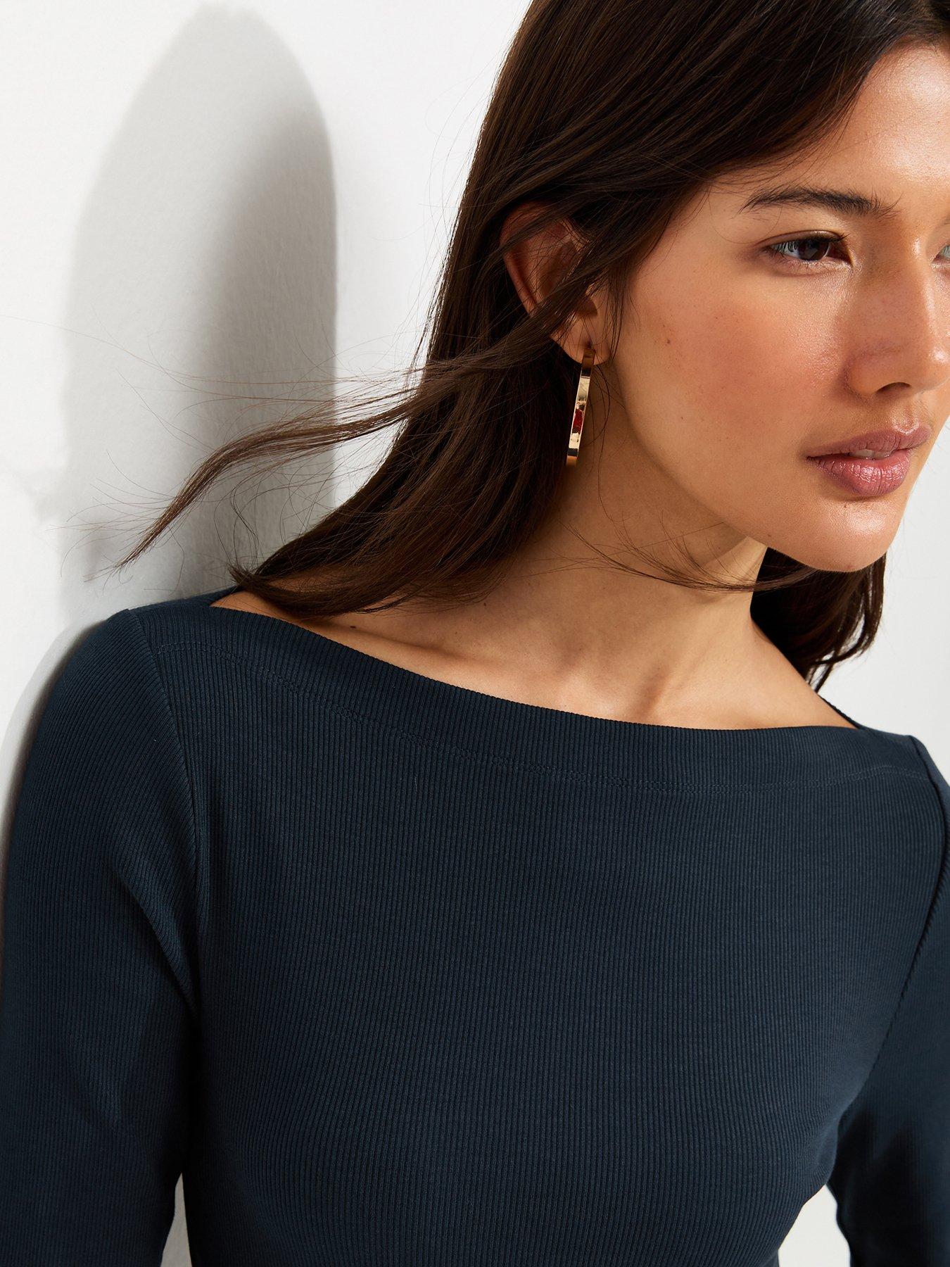 Image 5 of 6 of New Look Navy Cotton Rich Ribbed Long Sleeve Slash Neck Top
