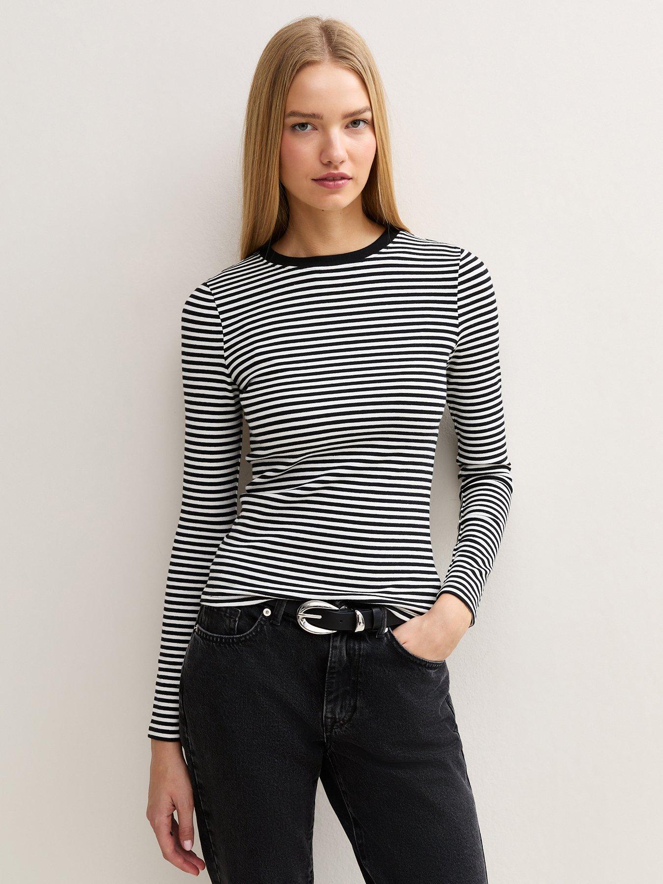 Image 1 of 6 of New Look Womens Premium Striped Long Sleeve T-Shirt - White