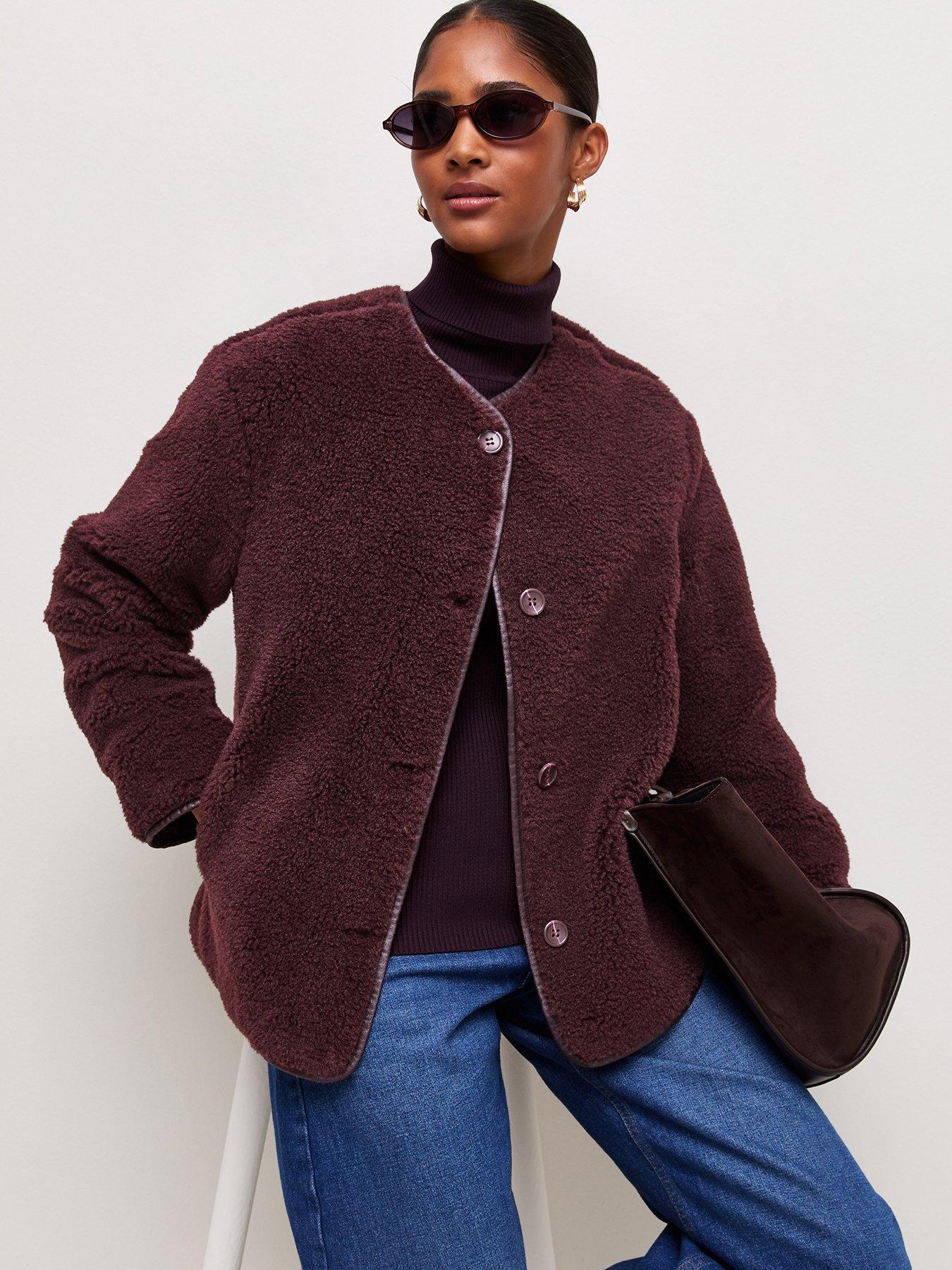 Image 4 of 6 of New Look Womens Borg Button-Through Collarless Jacket - Burgundy