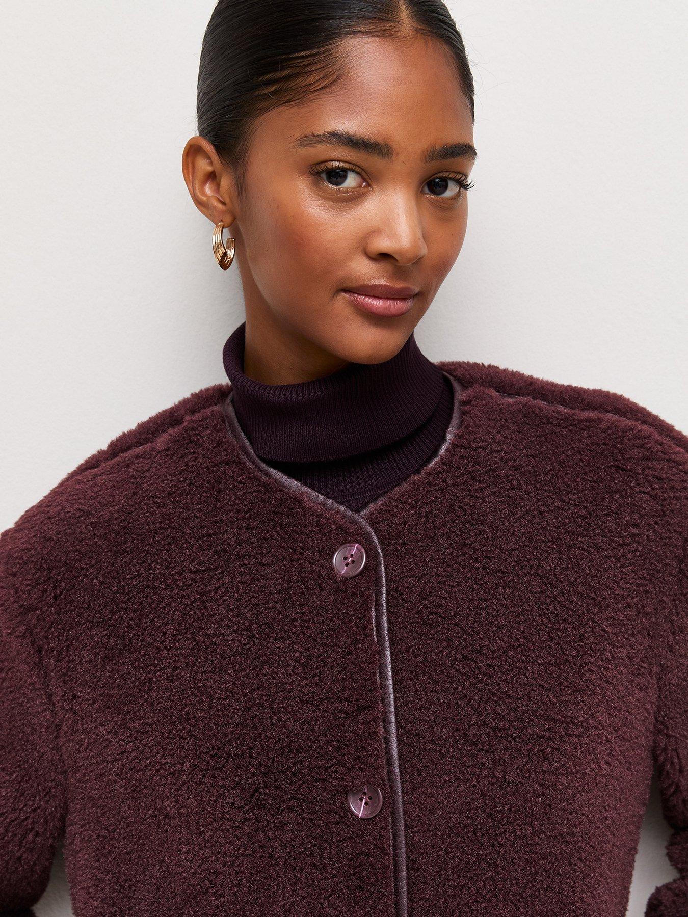Image 5 of 6 of New Look Womens Borg Button-Through Collarless Jacket - Burgundy