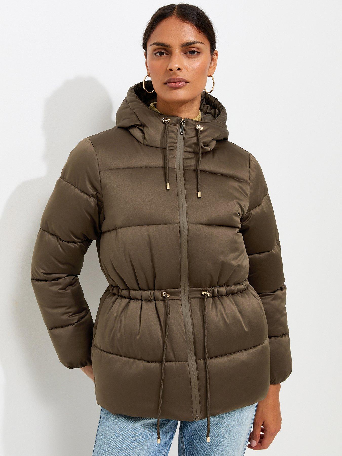 Image 1 of 5 of New Look Drawstring Waist Quilted Puffer Jacket - Green