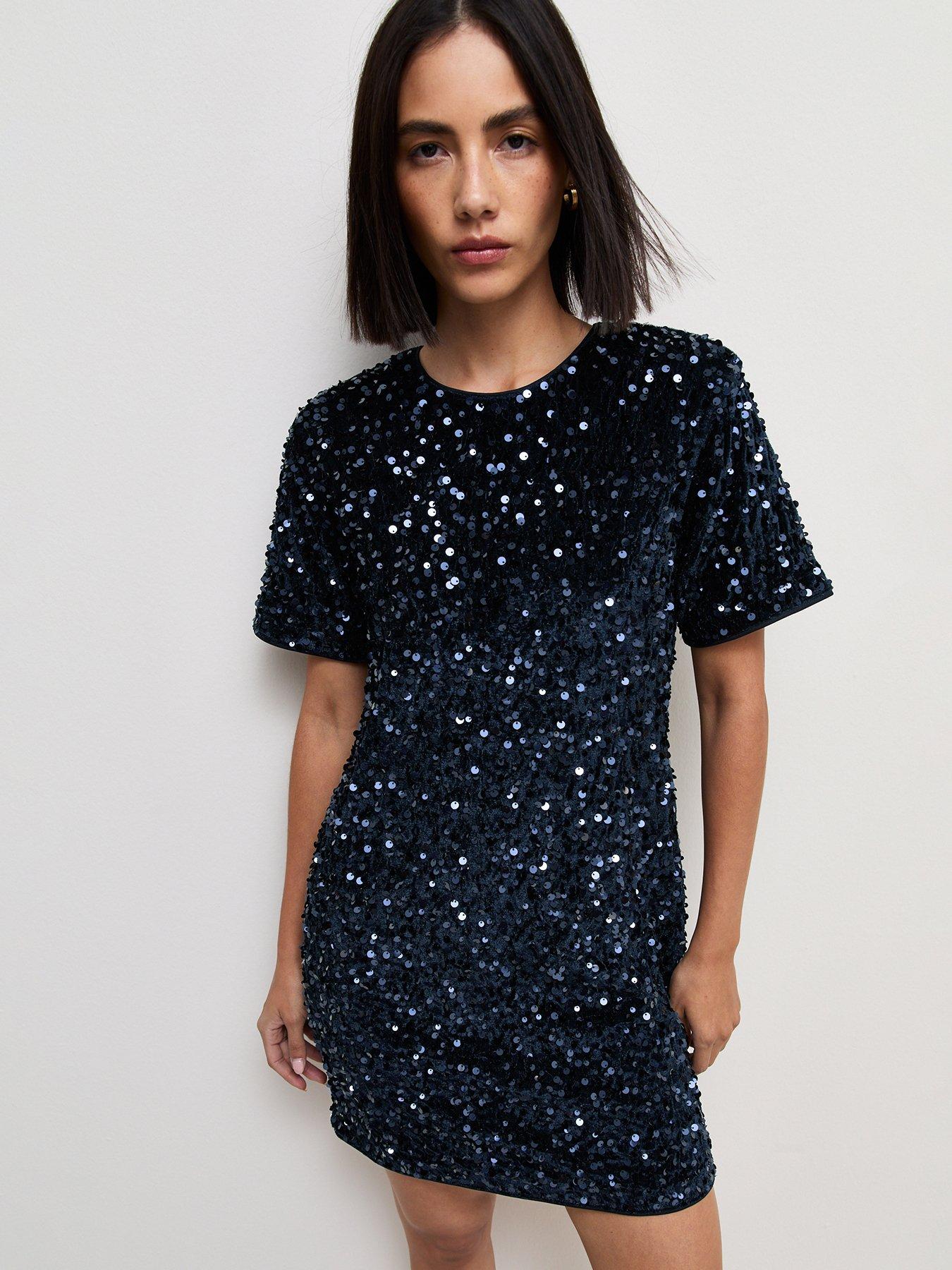 Image 1 of 4 of New Look Womens Shirley Sequin Relaxed Velvet Feel Mini Dress - Blue