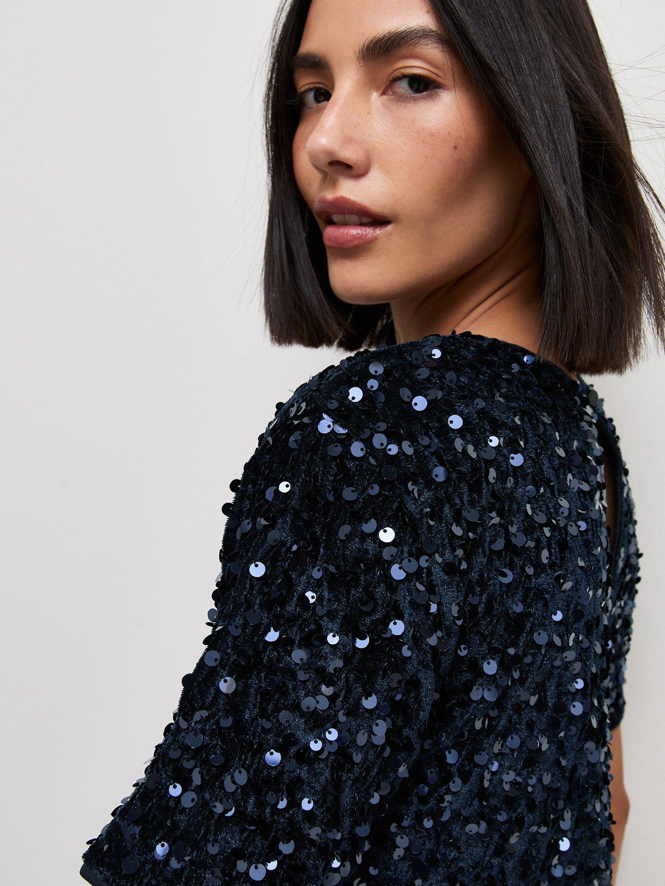 Image 3 of 4 of New Look Womens Shirley Sequin Relaxed Velvet Feel Mini Dress - Blue
