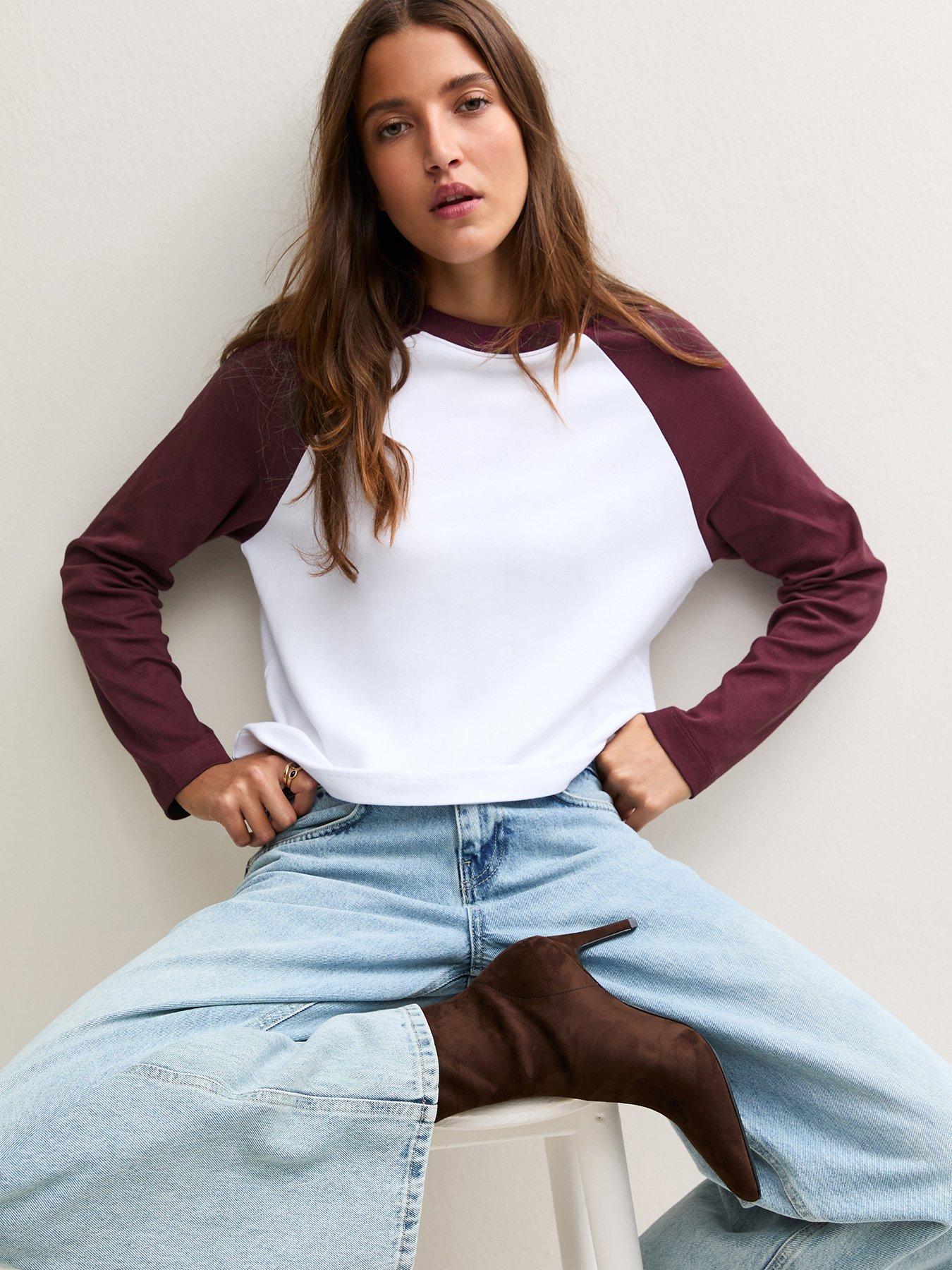 Image 1 of 6 of New Look Womens Heavyweight Cotton Raglan Long Sleeve T-Shirt - Red