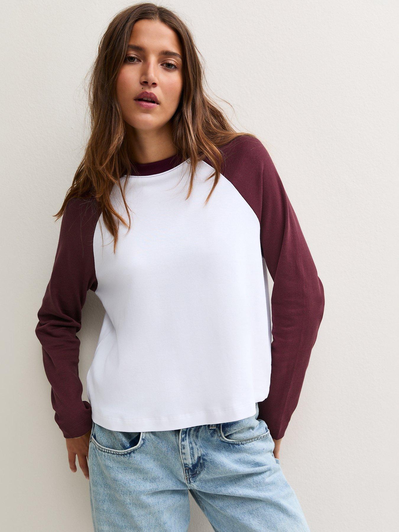 Image 4 of 6 of New Look Womens Heavyweight Cotton Raglan Long Sleeve T-Shirt - Red