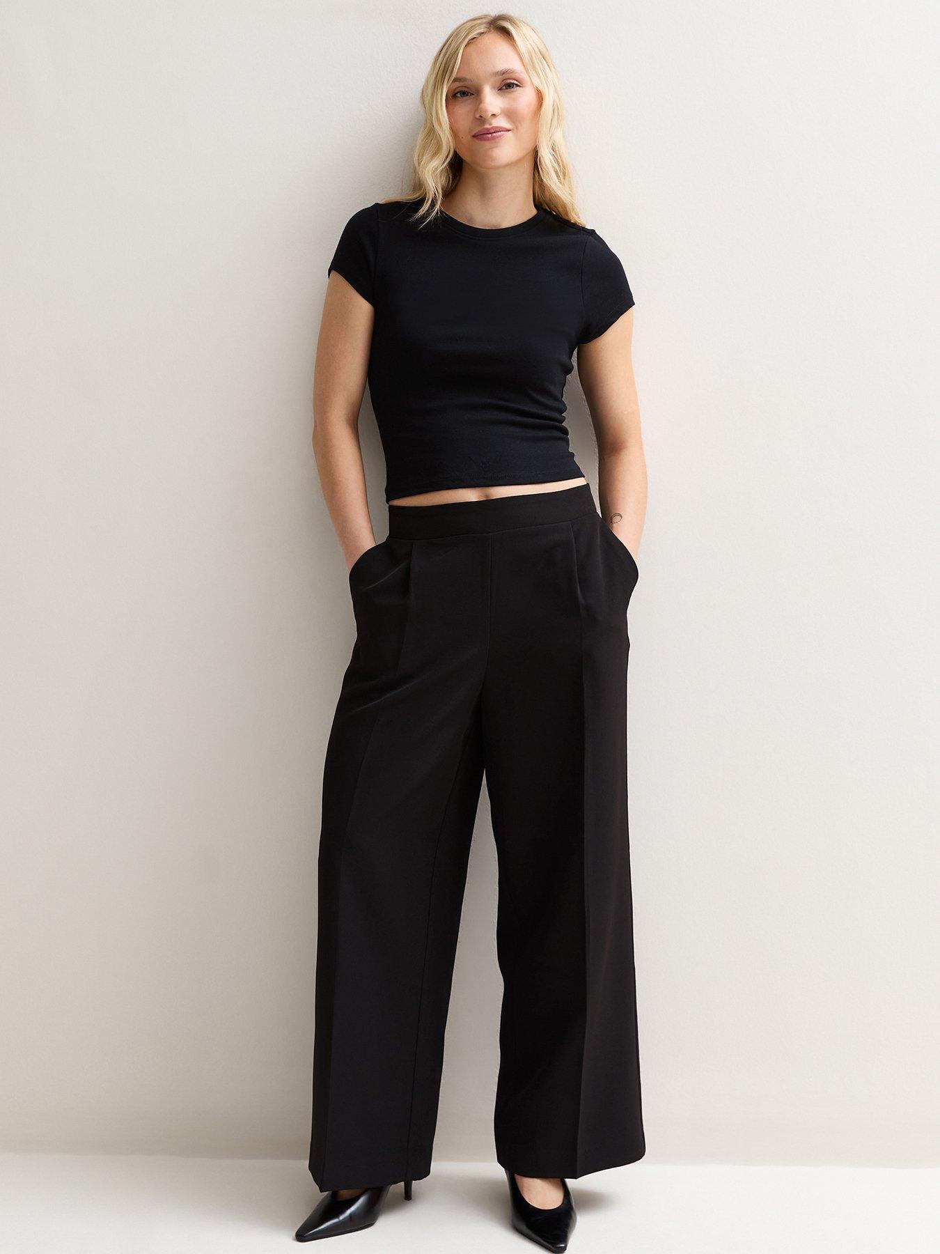 Image 1 of 6 of New Look Petite Black Pull On Wide Leg Trousers