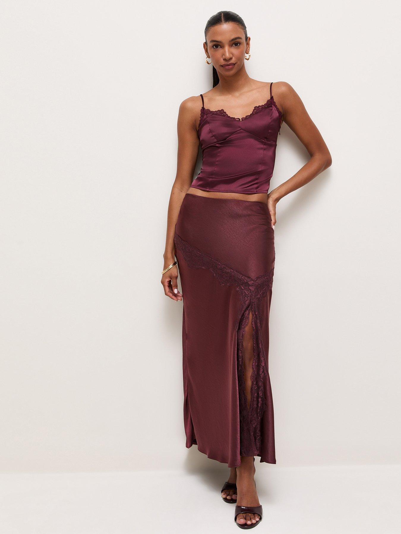 Image 1 of 6 of New Look Dark Burgundy Asymmetric Lace Satin Midi Skirt