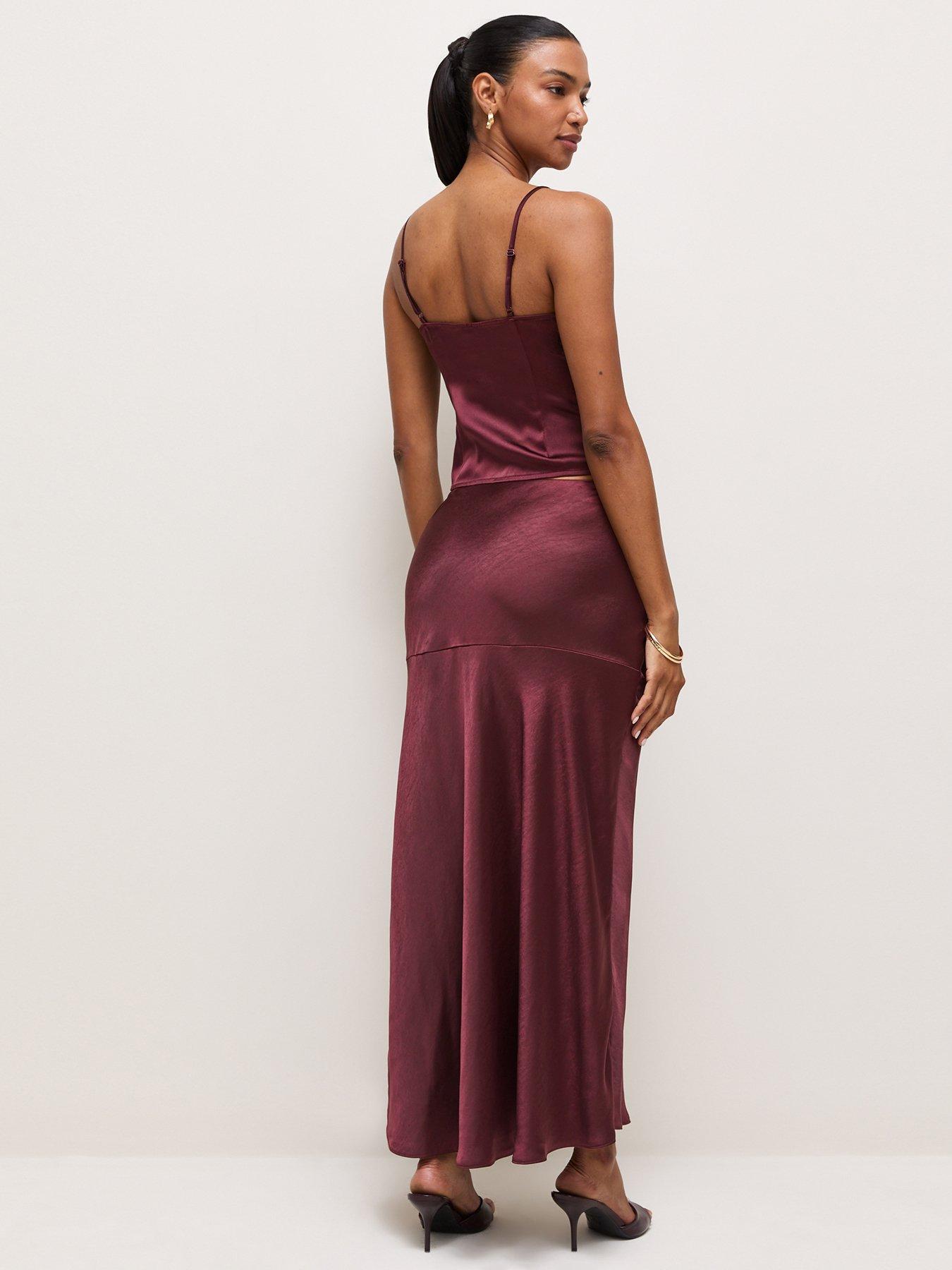 Image 2 of 6 of New Look Dark Burgundy Asymmetric Lace Satin Midi Skirt