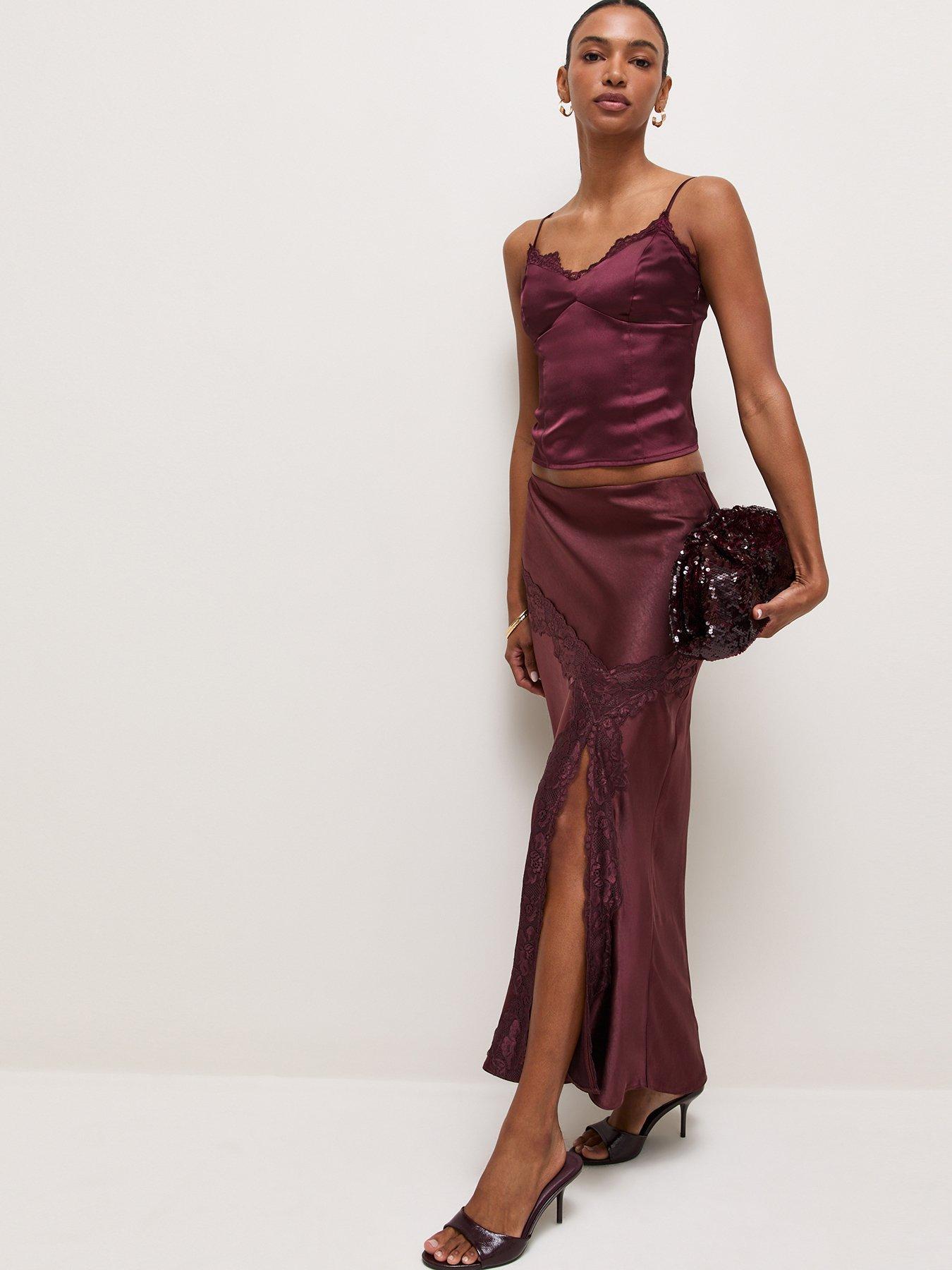 Image 3 of 6 of New Look Dark Burgundy Asymmetric Lace Satin Midi Skirt