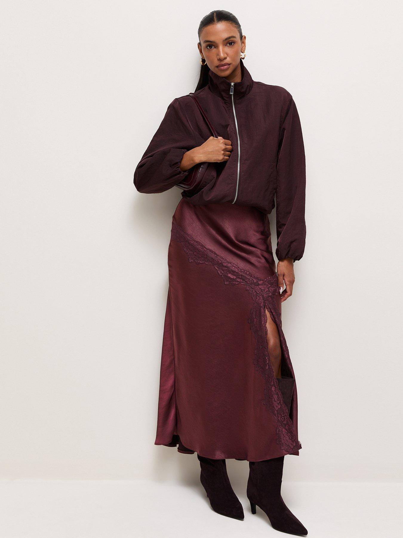 Image 4 of 6 of New Look Dark Burgundy Asymmetric Lace Satin Midi Skirt