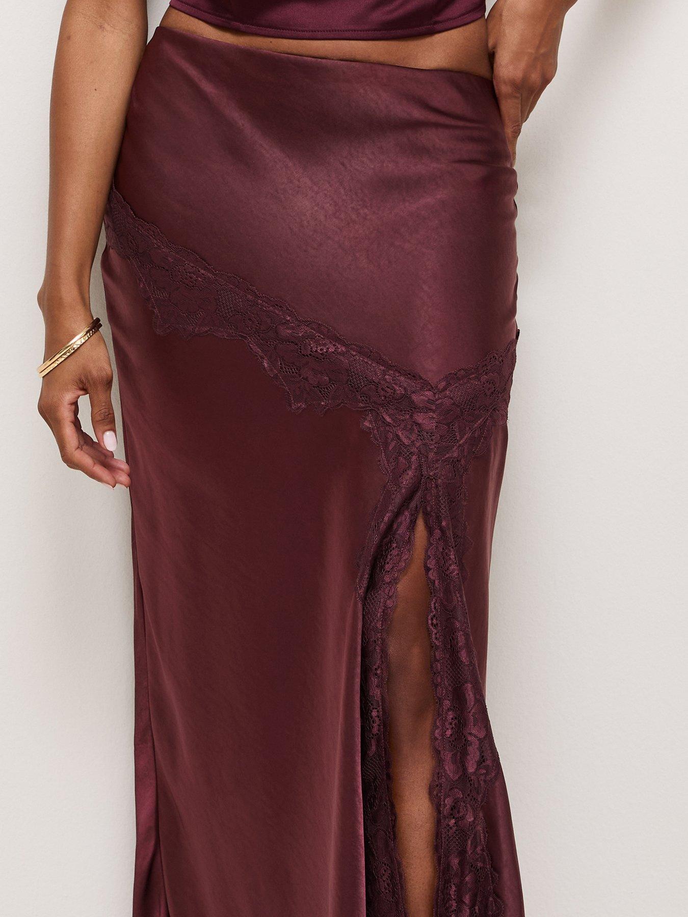 Image 5 of 6 of New Look Dark Burgundy Asymmetric Lace Satin Midi Skirt