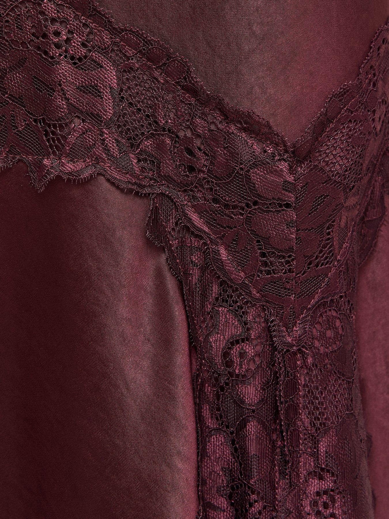 Image 6 of 6 of New Look Dark Burgundy Asymmetric Lace Satin Midi Skirt
