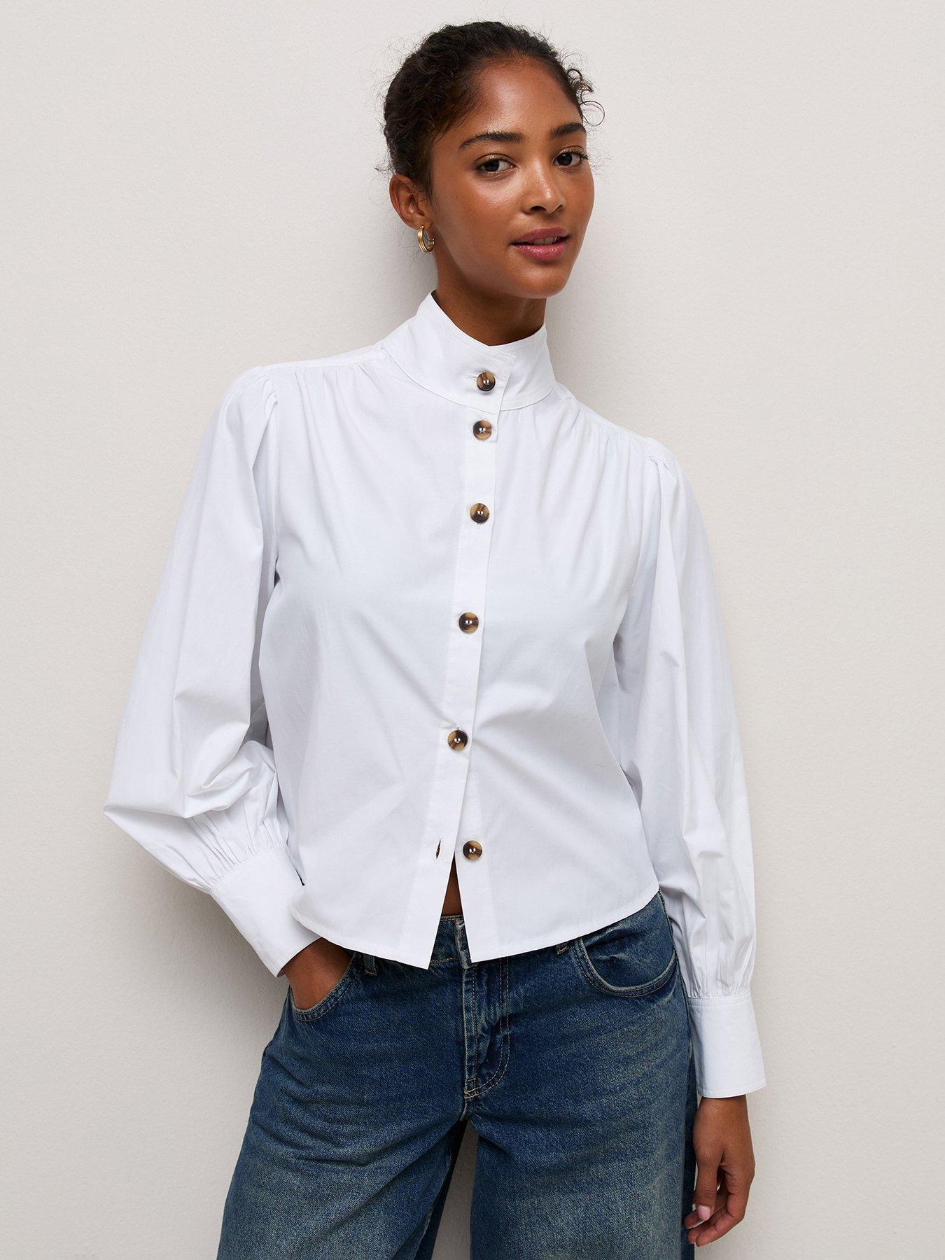 Image 1 of 6 of New Look Womens Funnel Neck Button Front Short Shirt - White