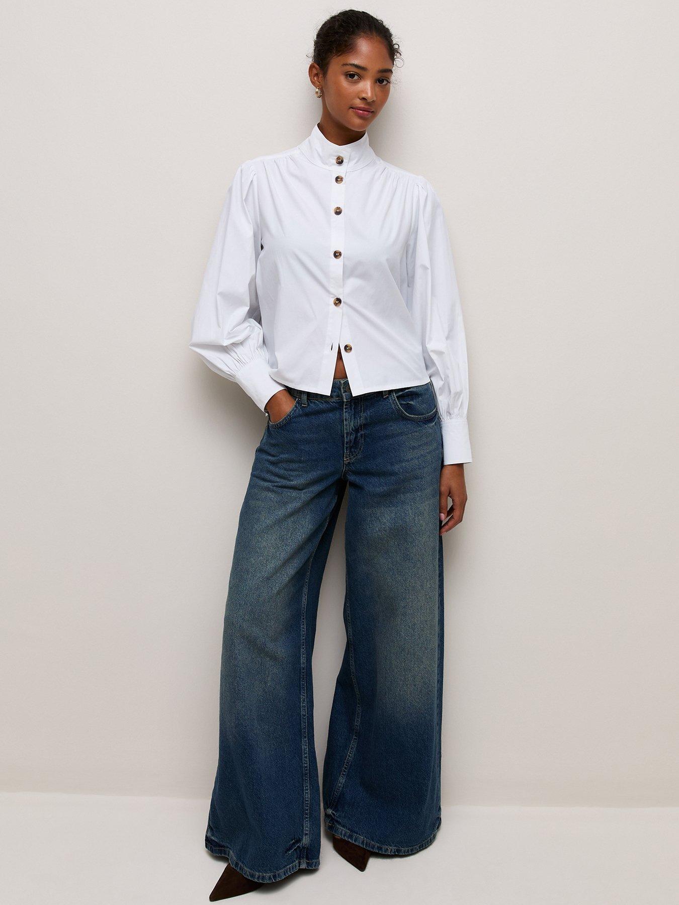 Image 3 of 6 of New Look Womens Funnel Neck Button Front Short Shirt - White