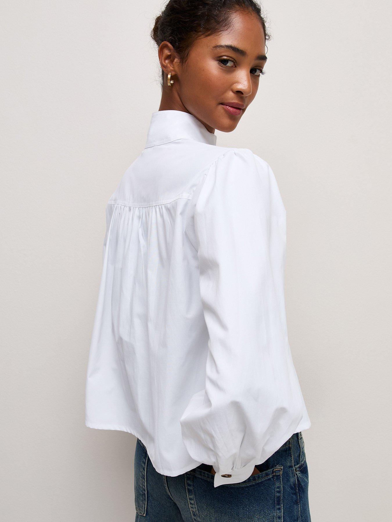 Image 4 of 6 of New Look Womens Funnel Neck Button Front Short Shirt - White
