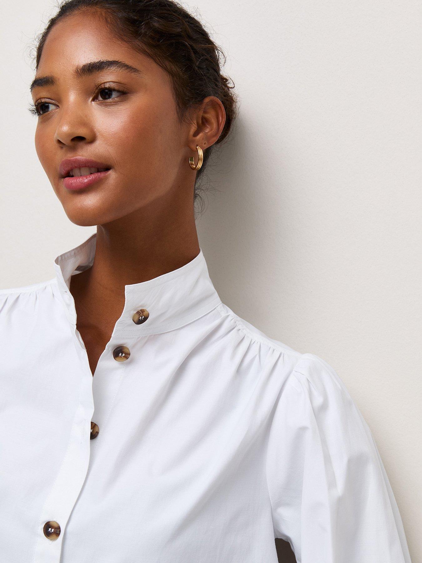 Image 5 of 6 of New Look Womens Funnel Neck Button Front Short Shirt - White