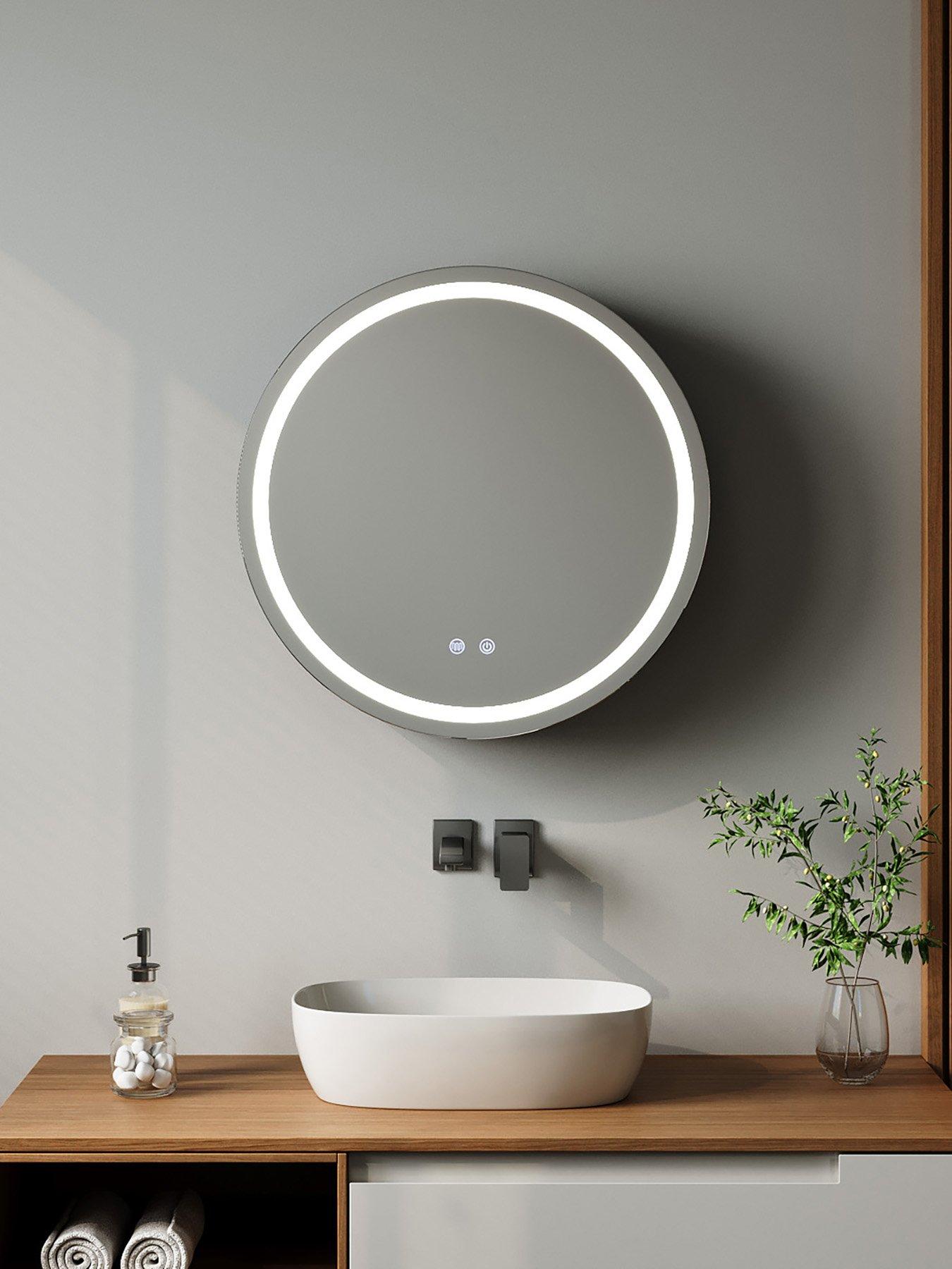 Image 4 of 7 of Living and Home Wall-mounted Round Bathroom Anti-fog Mirror Cabinet With Led Lights