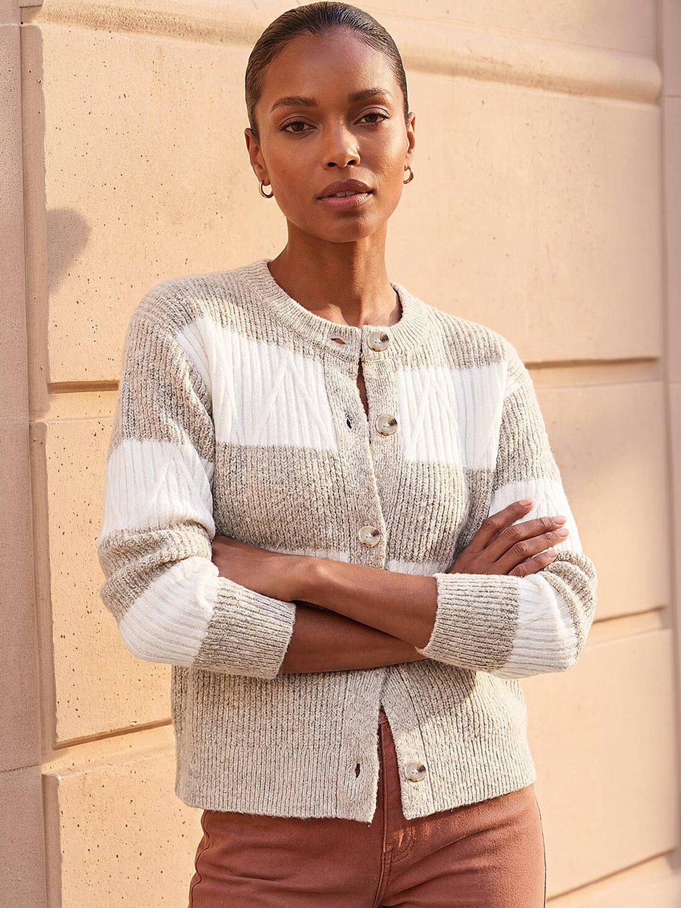 Image 1 of 4 of Roman Stripe Buttoned Knit Cardigan - Beige