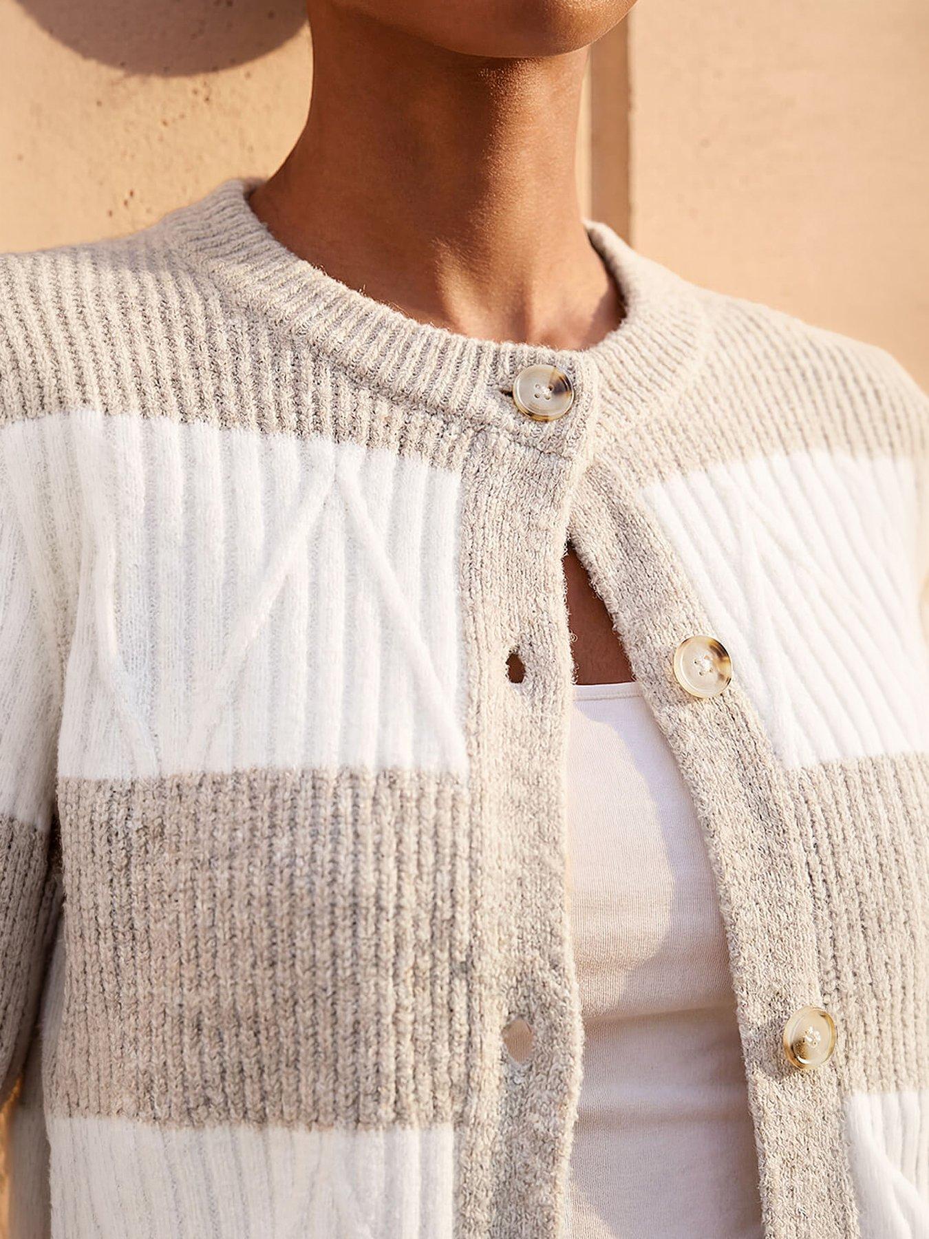 Image 2 of 4 of Roman Stripe Buttoned Knit Cardigan - Beige