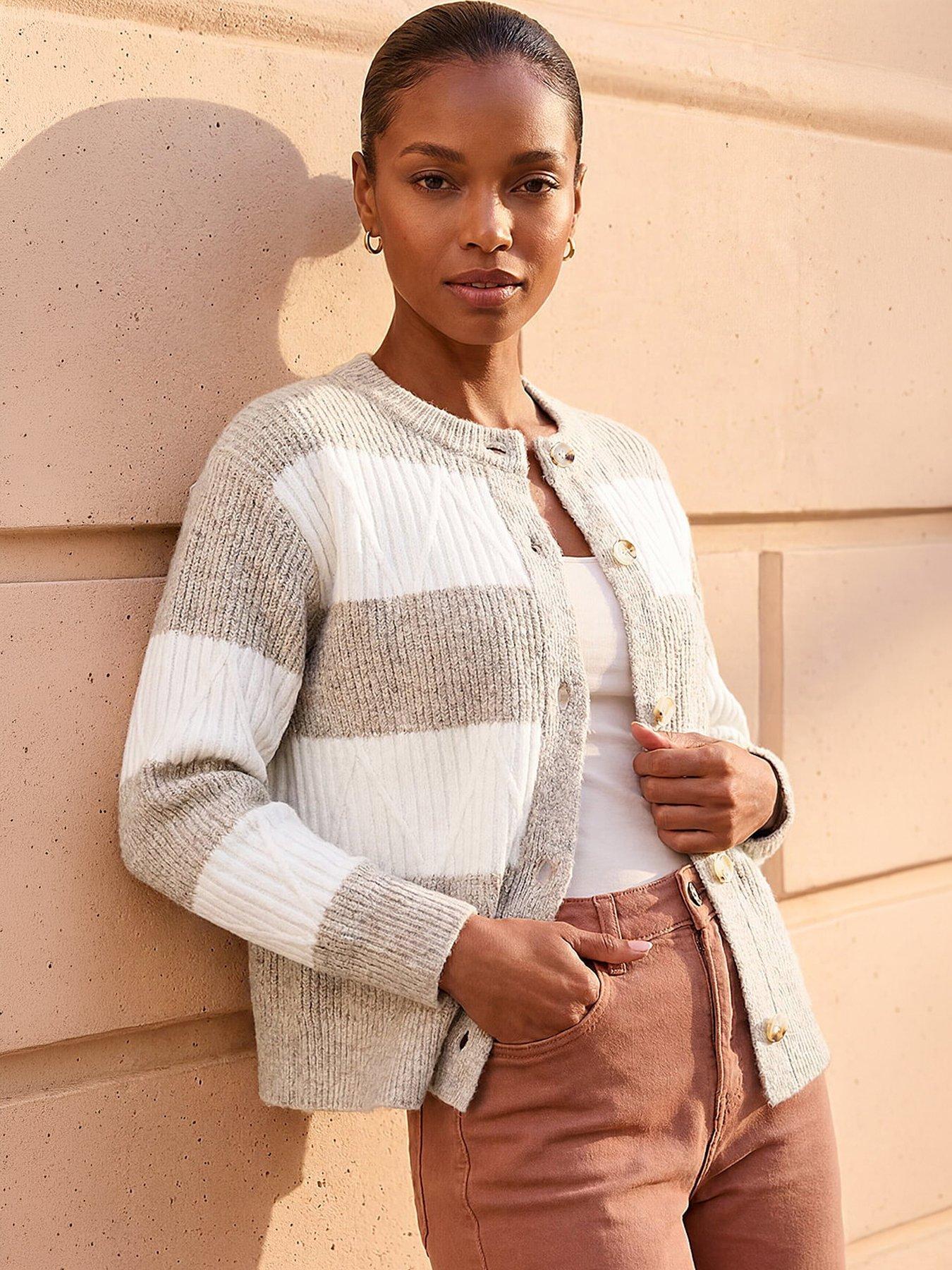 Image 4 of 4 of Roman Stripe Buttoned Knit Cardigan - Beige