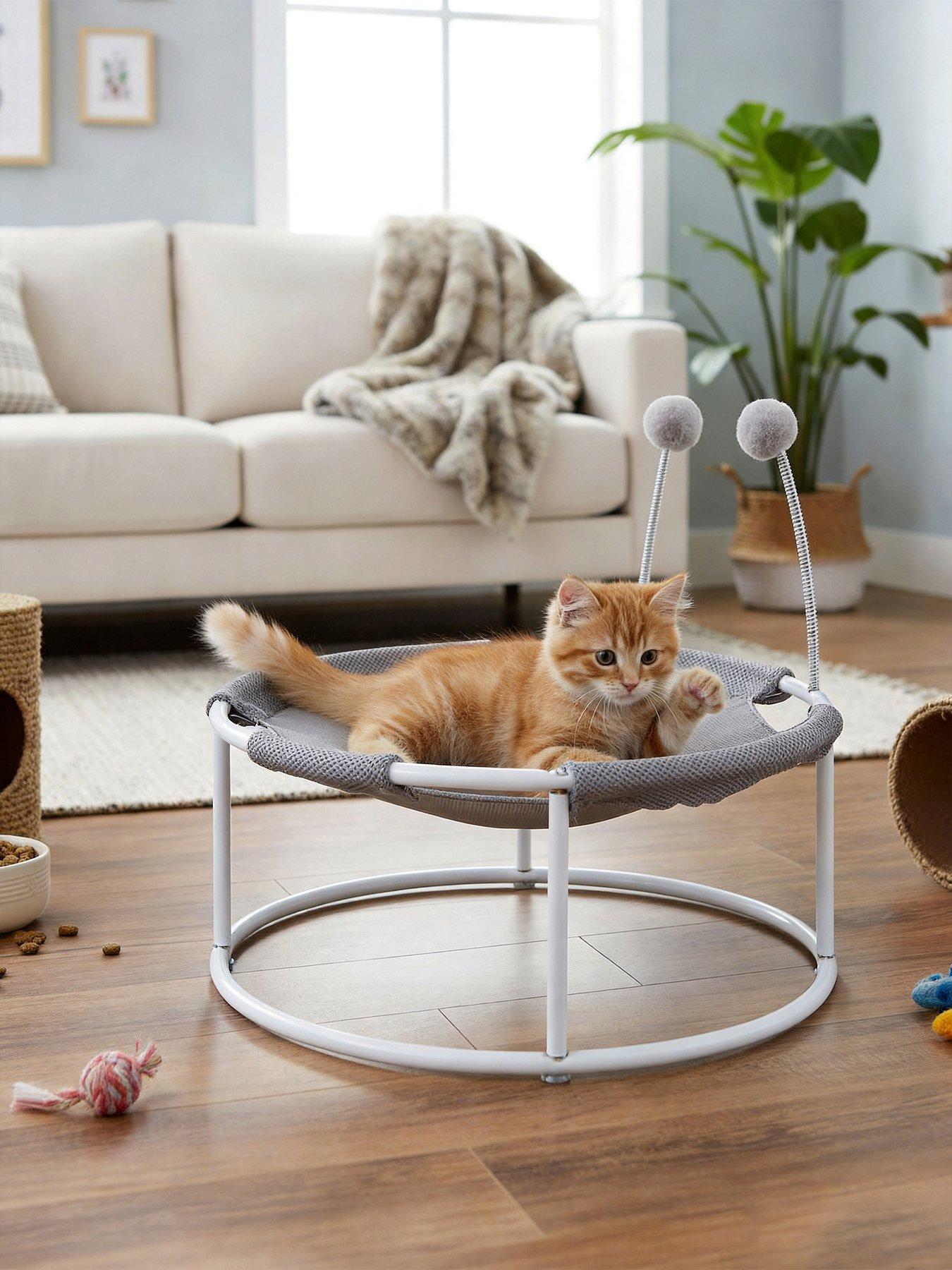 Living and Home Grey Elevated Round Cat Hammock Bed with Spring-loaded Ball Toys