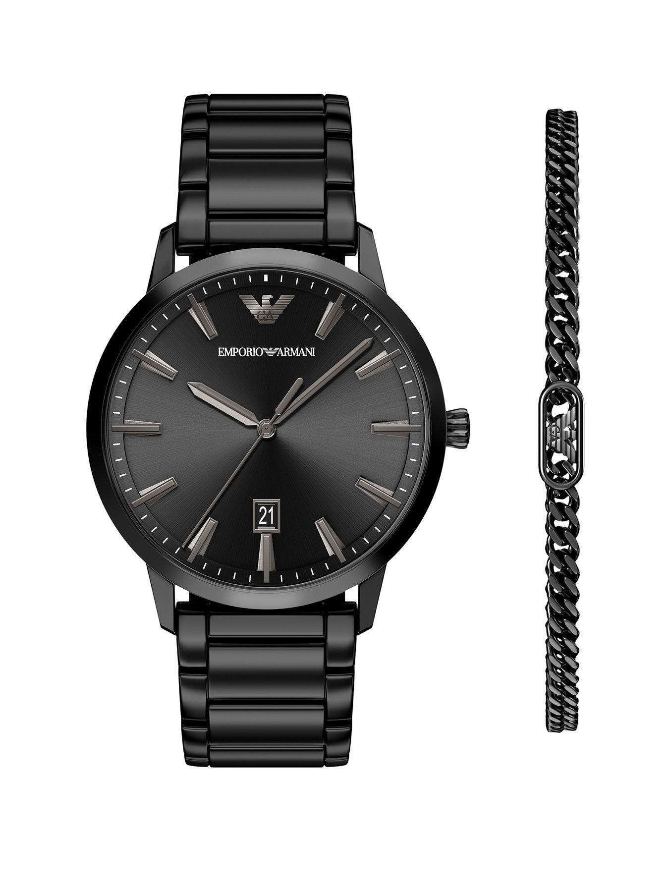 Emporio Armani Emporio Armani Men's Three-Hand Date Black Stainless Steel Watch and Bracelet Set, AR80089SET