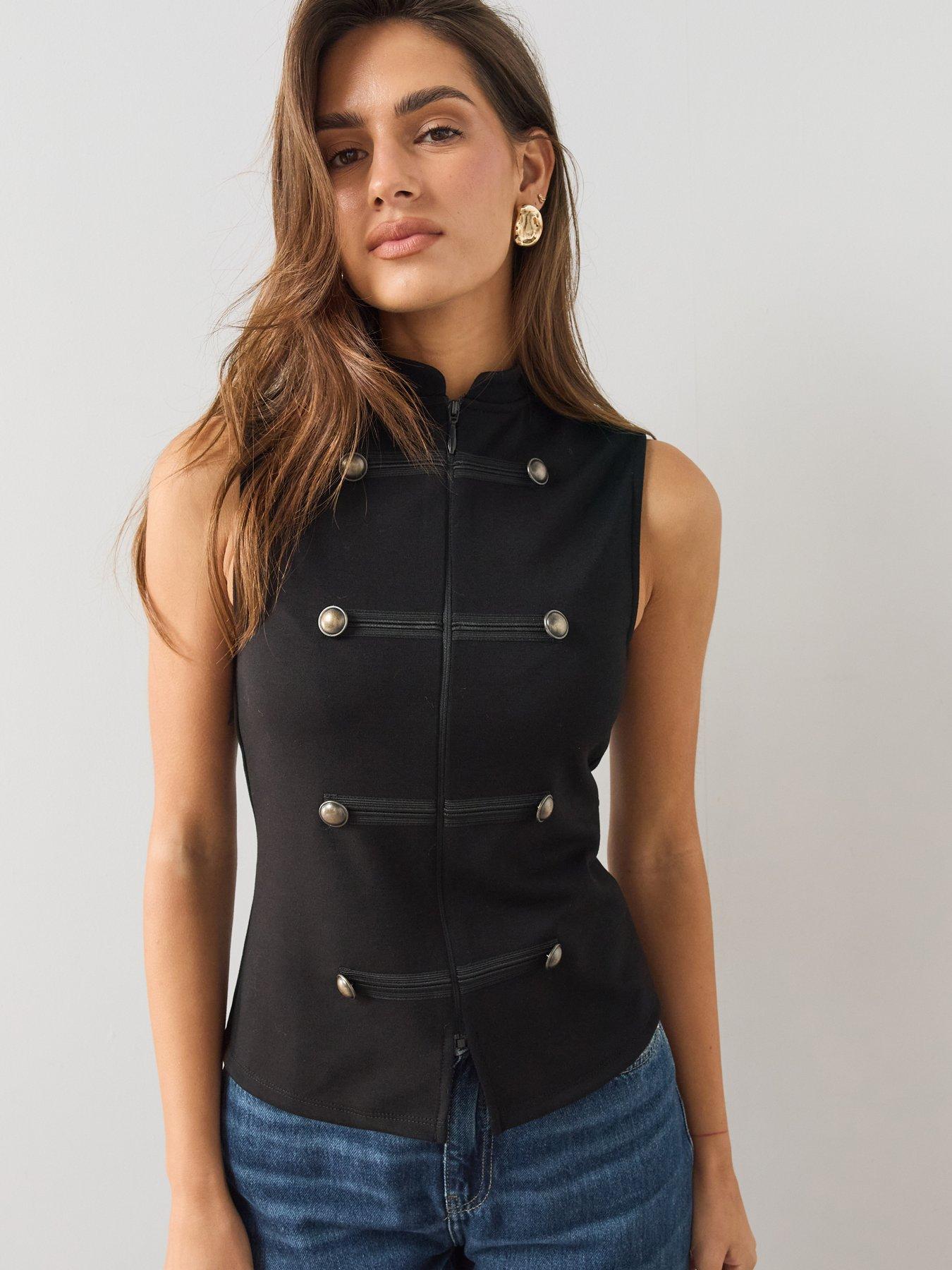 Image 1 of 6 of The Very Collection Military Button Trim Zip Front Top - Black