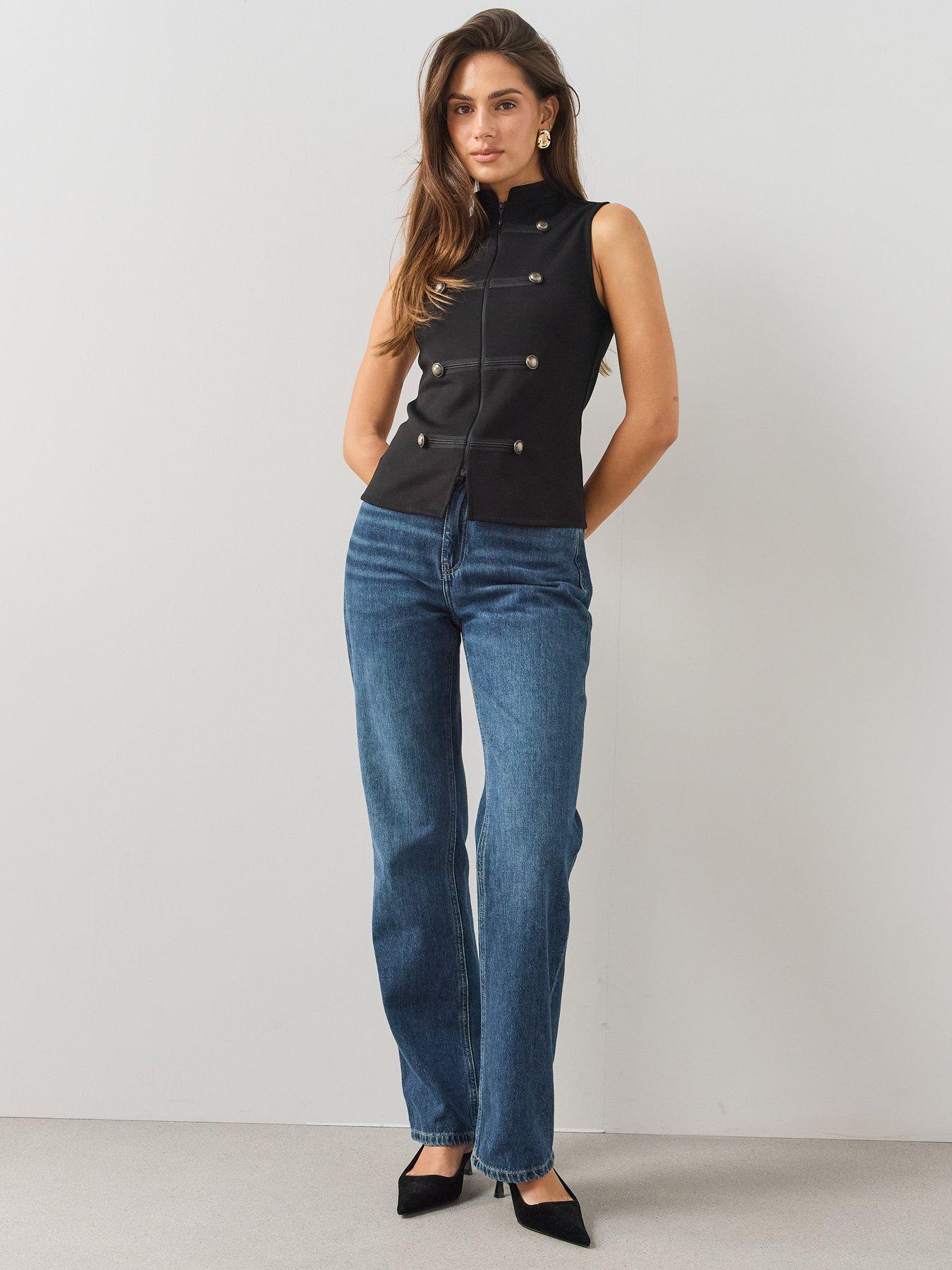 Image 6 of 6 of The Very Collection Military Button Trim Zip Front Top - Black
