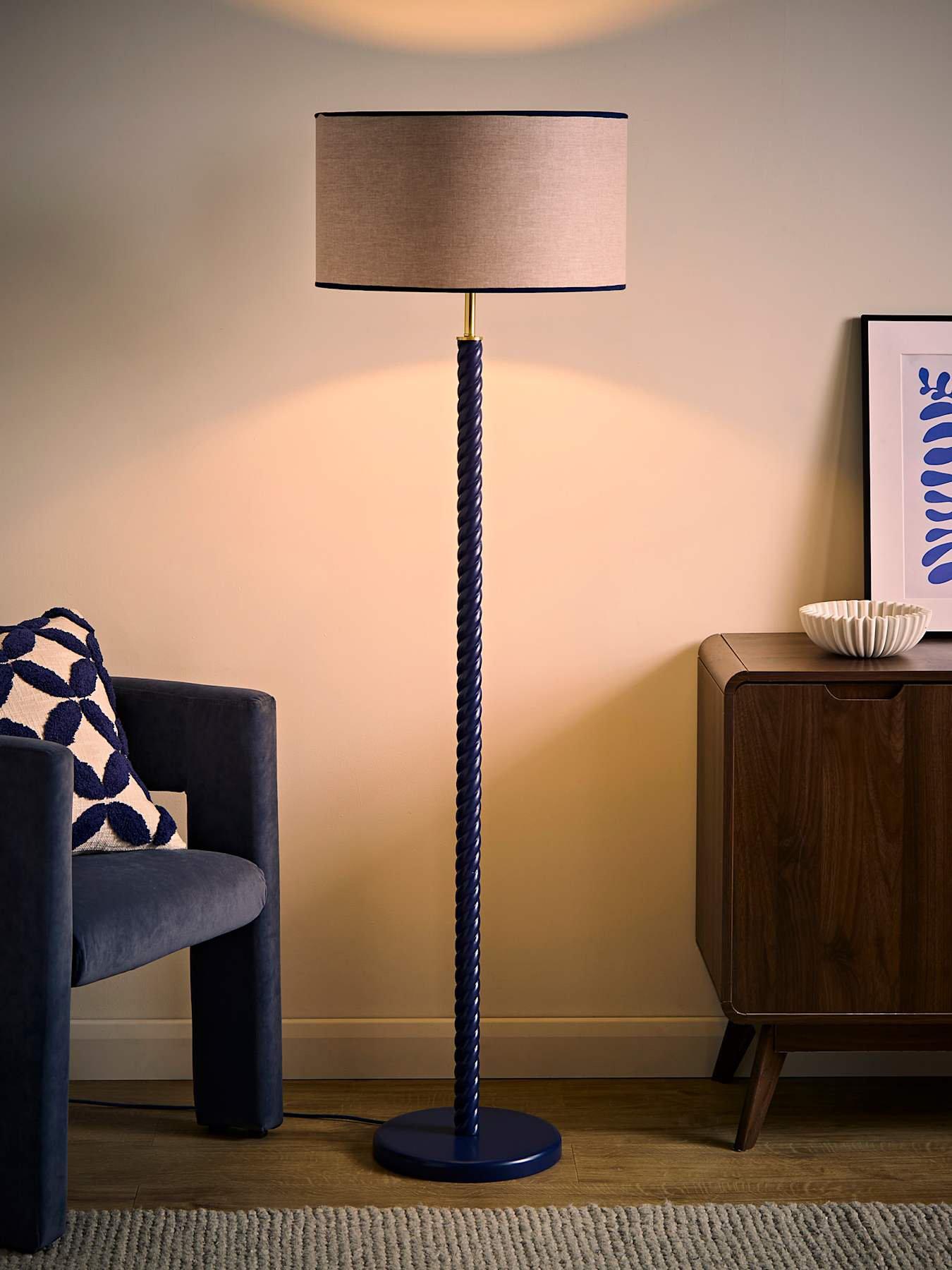Image 3 of 6 of ValueLights Amara Navy Twist Floor Lamp with Colour Match Inner Shade and Warm White Bulb