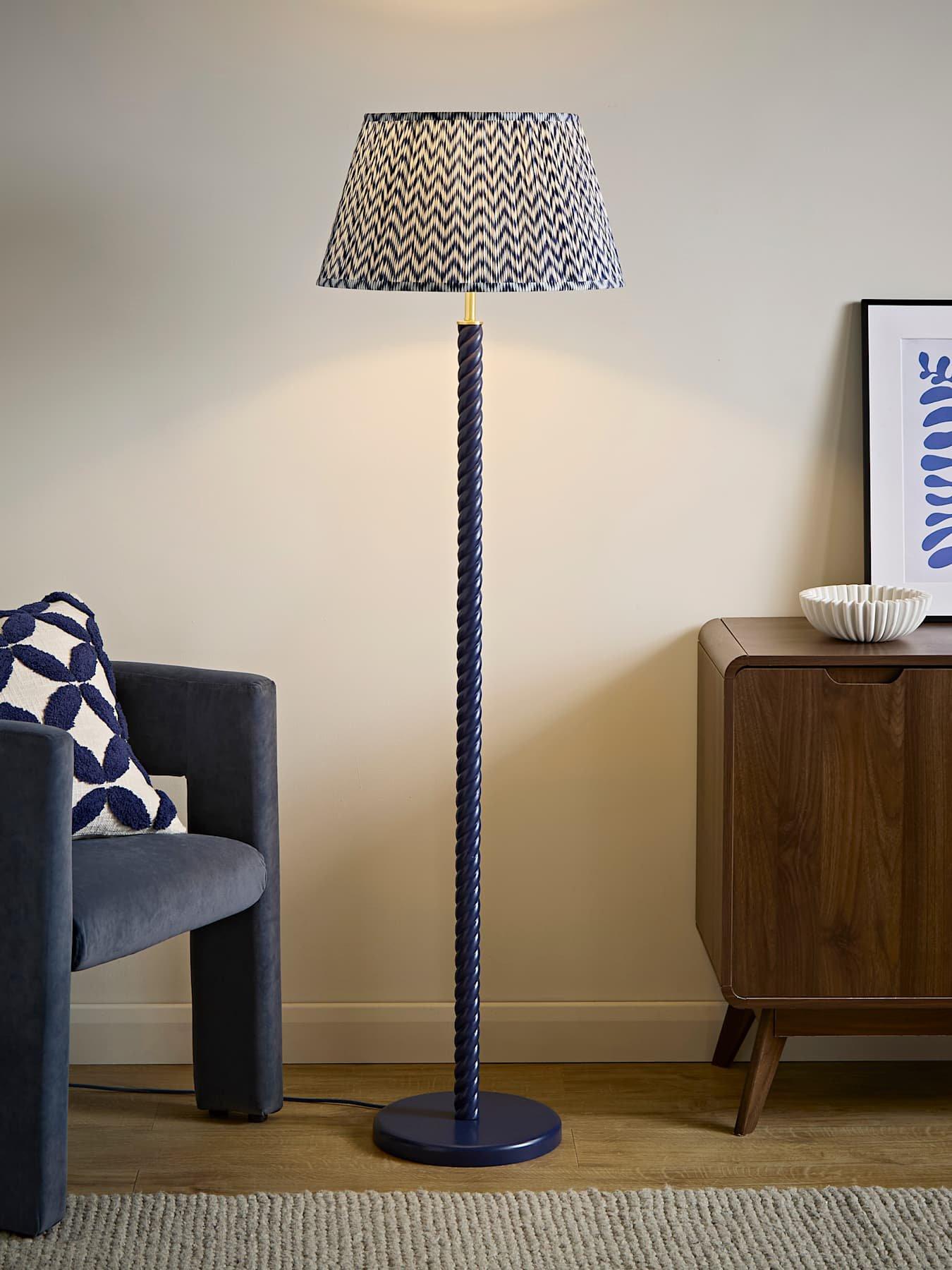 Image 1 of 7 of ValueLights Amara Navy Twist Floor Lamp with Chevron Pleated Taper Shade and Warm White Bulb
