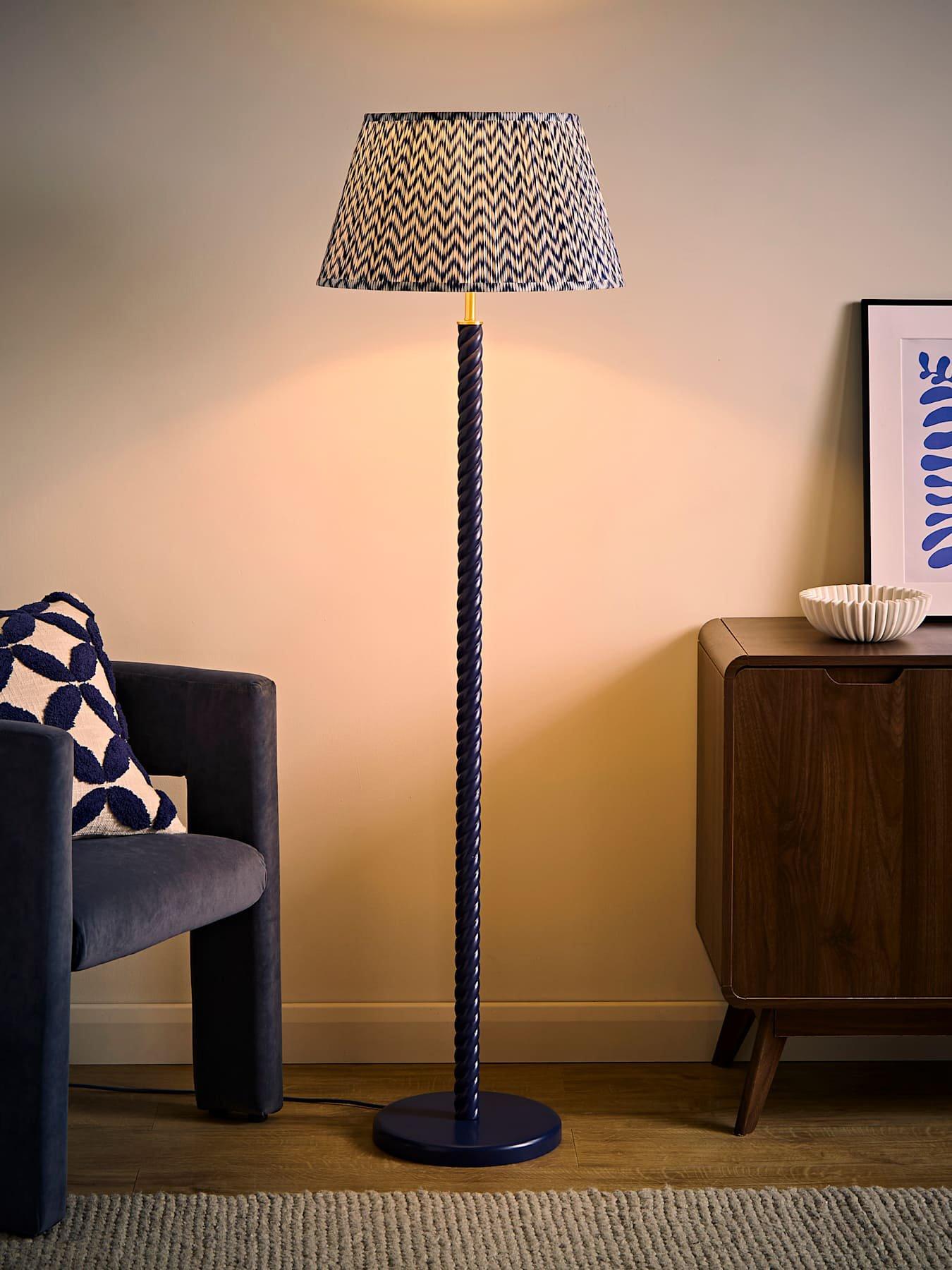 Image 3 of 7 of ValueLights Amara Navy Twist Floor Lamp with Chevron Pleated Taper Shade and Warm White Bulb
