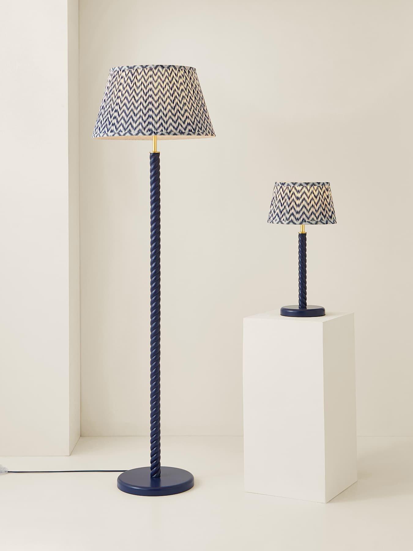 Image 6 of 7 of ValueLights Amara Navy Twist Floor Lamp with Chevron Pleated Taper Shade and Warm White Bulb