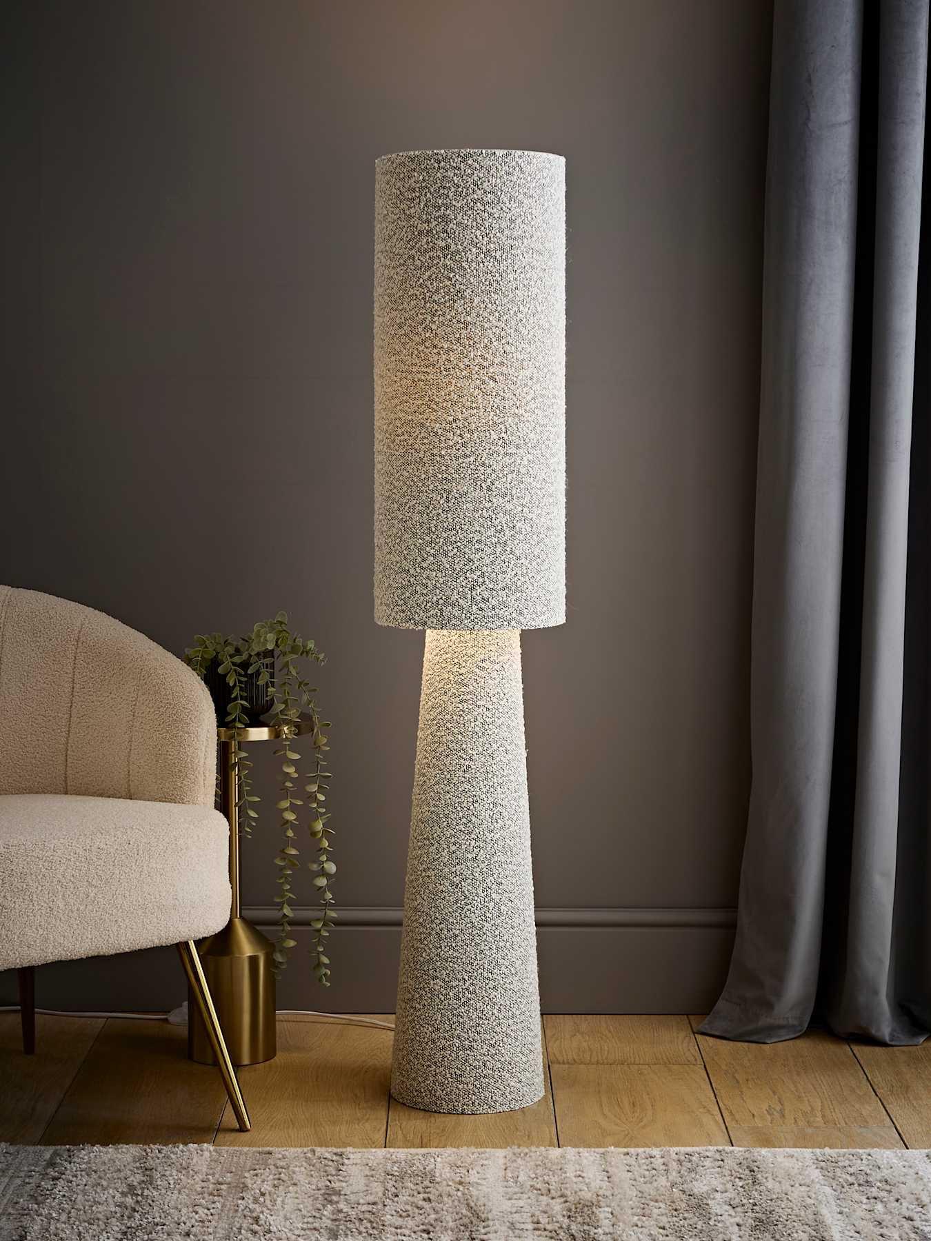 ValueLights Ash Grey Fleck Boucle Midi Floor Lamp and Warm White Bulb