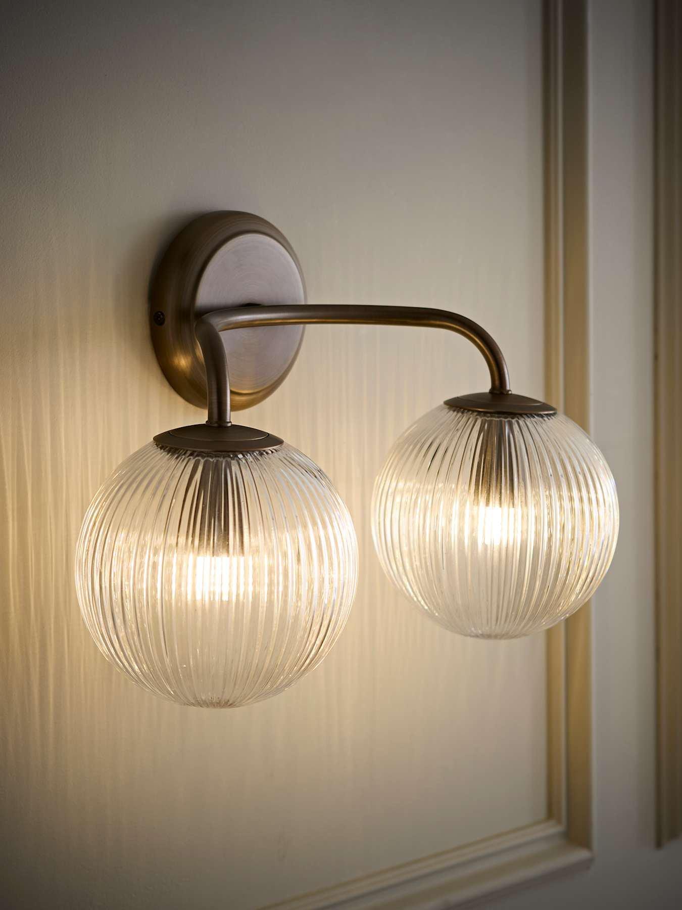 Kempton 2 Arm Ribbed Glass Globe Brushed Brass Led Wall With Bulb Light Valuelights - Image 5