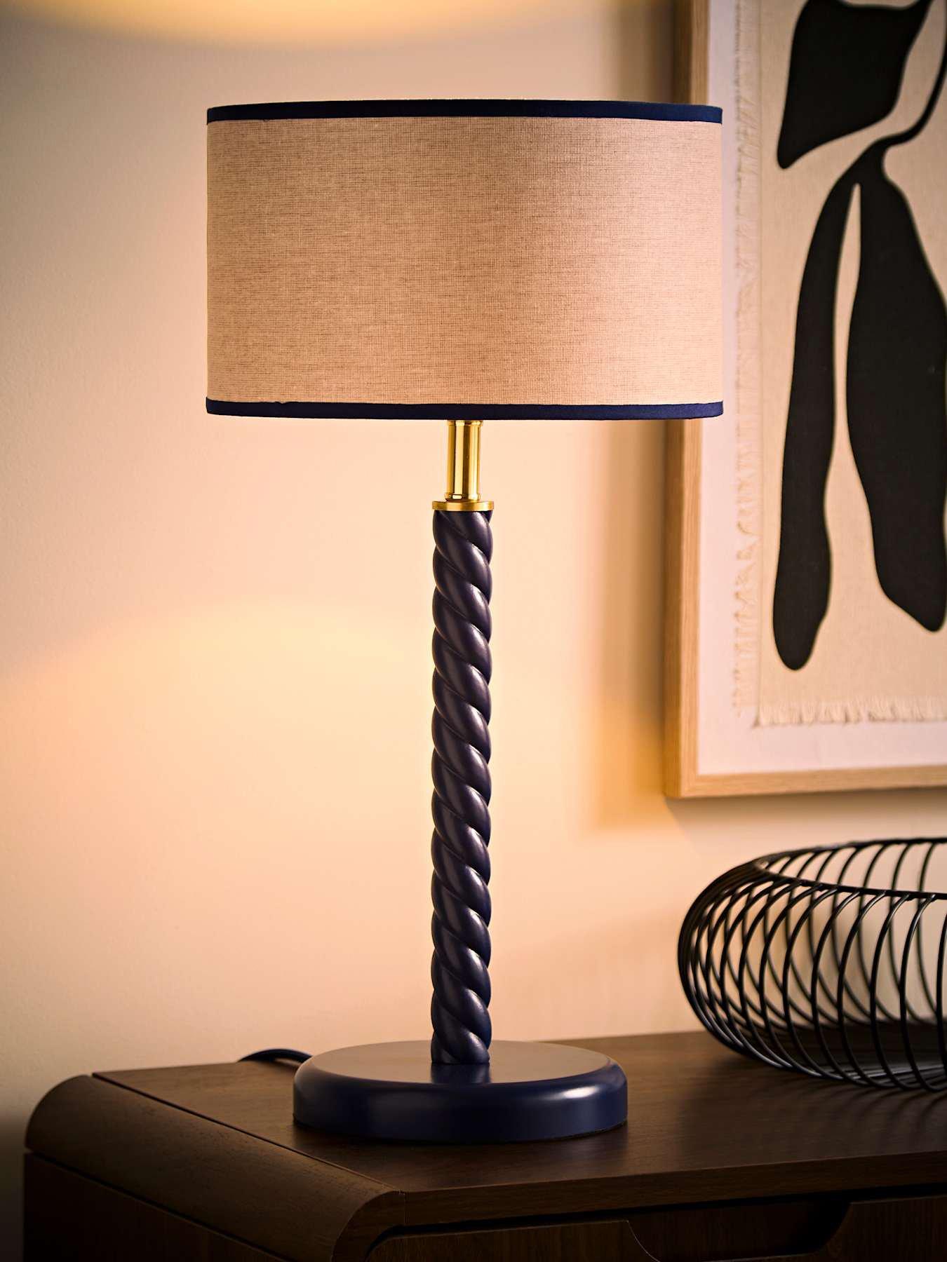Image 3 of 7 of ValueLights Amara Navy Twist Table Lamp with Colour Match Inner Shade and Warm White Bulb