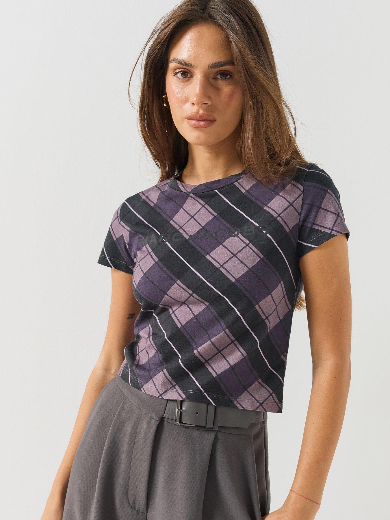 Image 1 of 6 of MARC JACOBS Womens Plaid Logo Crew Neck Baby T-Shirt - Purple