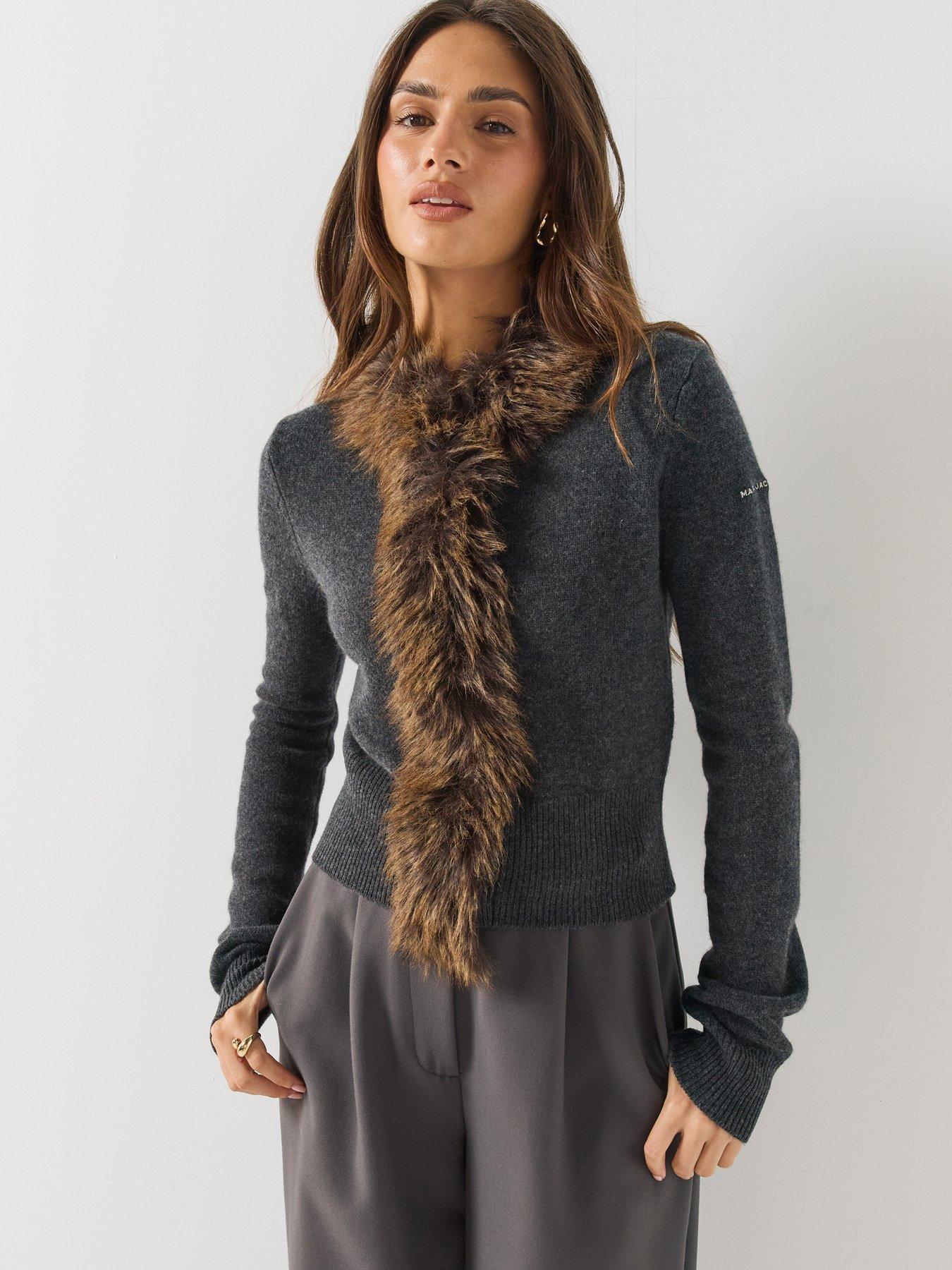 Image 1 of 6 of MARC JACOBS Womens Faux Fur Lined Faux Fur Trim Cardigan - Grey