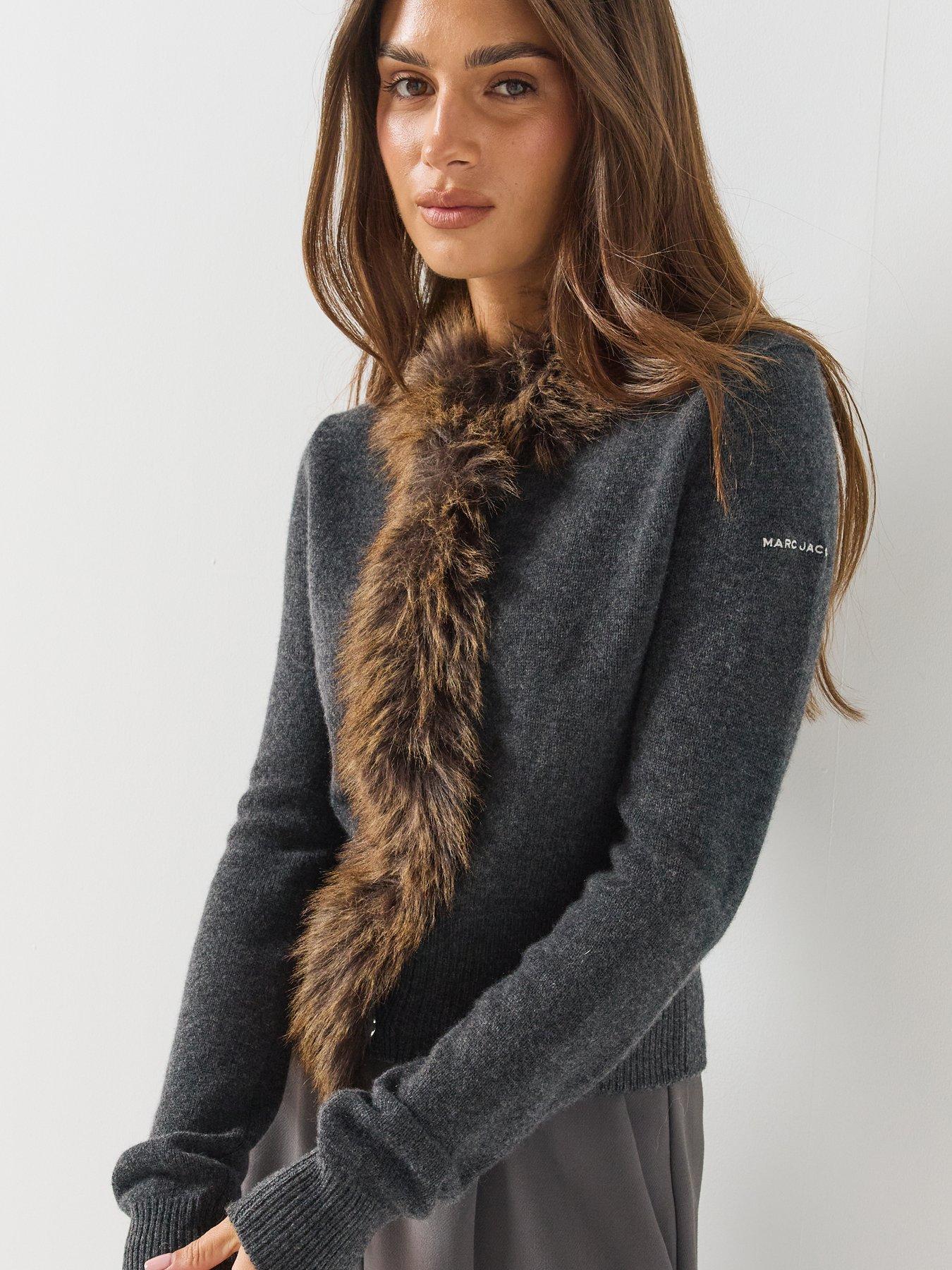 Image 4 of 6 of MARC JACOBS Womens Faux Fur Lined Faux Fur Trim Cardigan - Grey